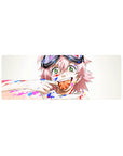 32x12 inches anime girl mouse pad with pink hair, green eyes, goggles, paint splatter art design.