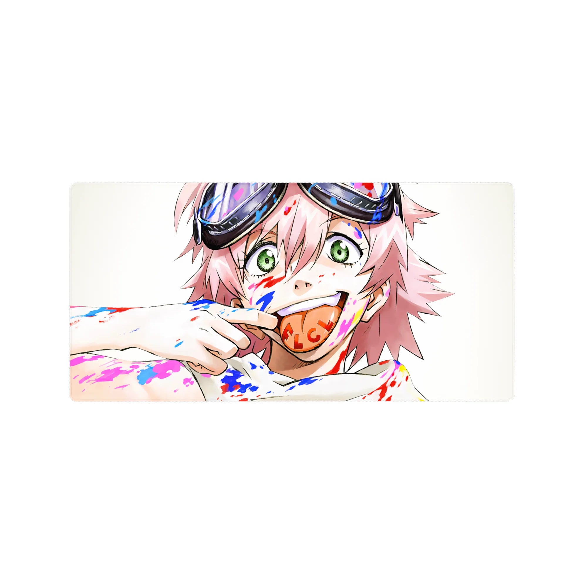 32x16 inches anime girl mouse pad with pink hair, green eyes, goggles, and paint-splatter art style.