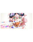 32x16 inches anime girl mouse pad with pink hair, green eyes, goggles, and paint-splatter art style.