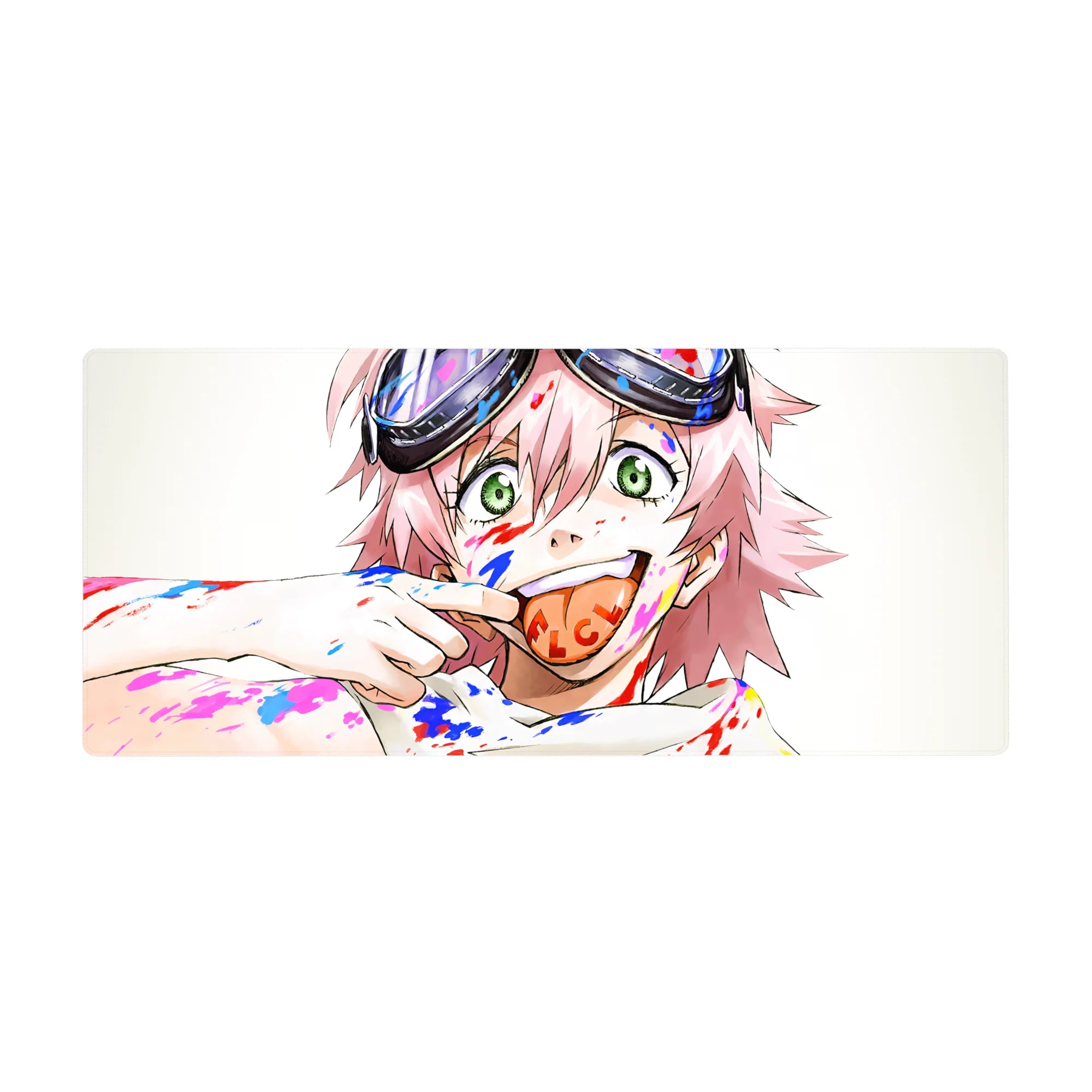 Anime girl desk pad 36x16 inches with pink hair, green eyes, goggles, paint splashes, and lollipop.