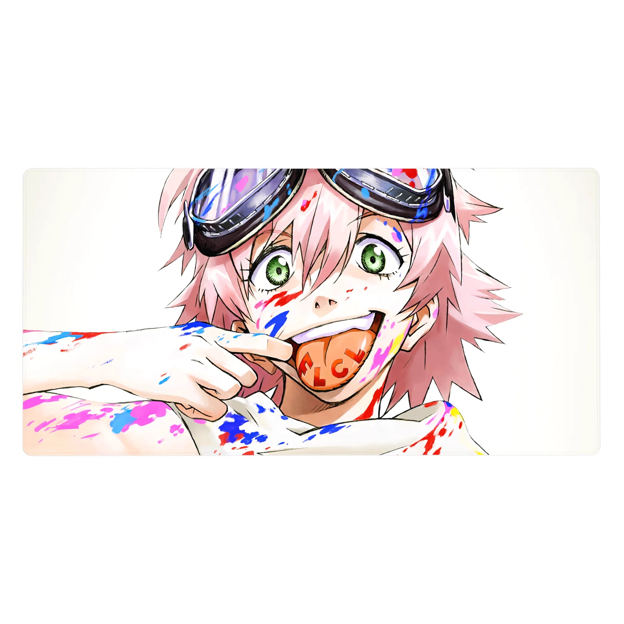 Anime girl desk pad 40x20 inches with pink hair, green eyes, goggles, lollipop, and paint splatter art.