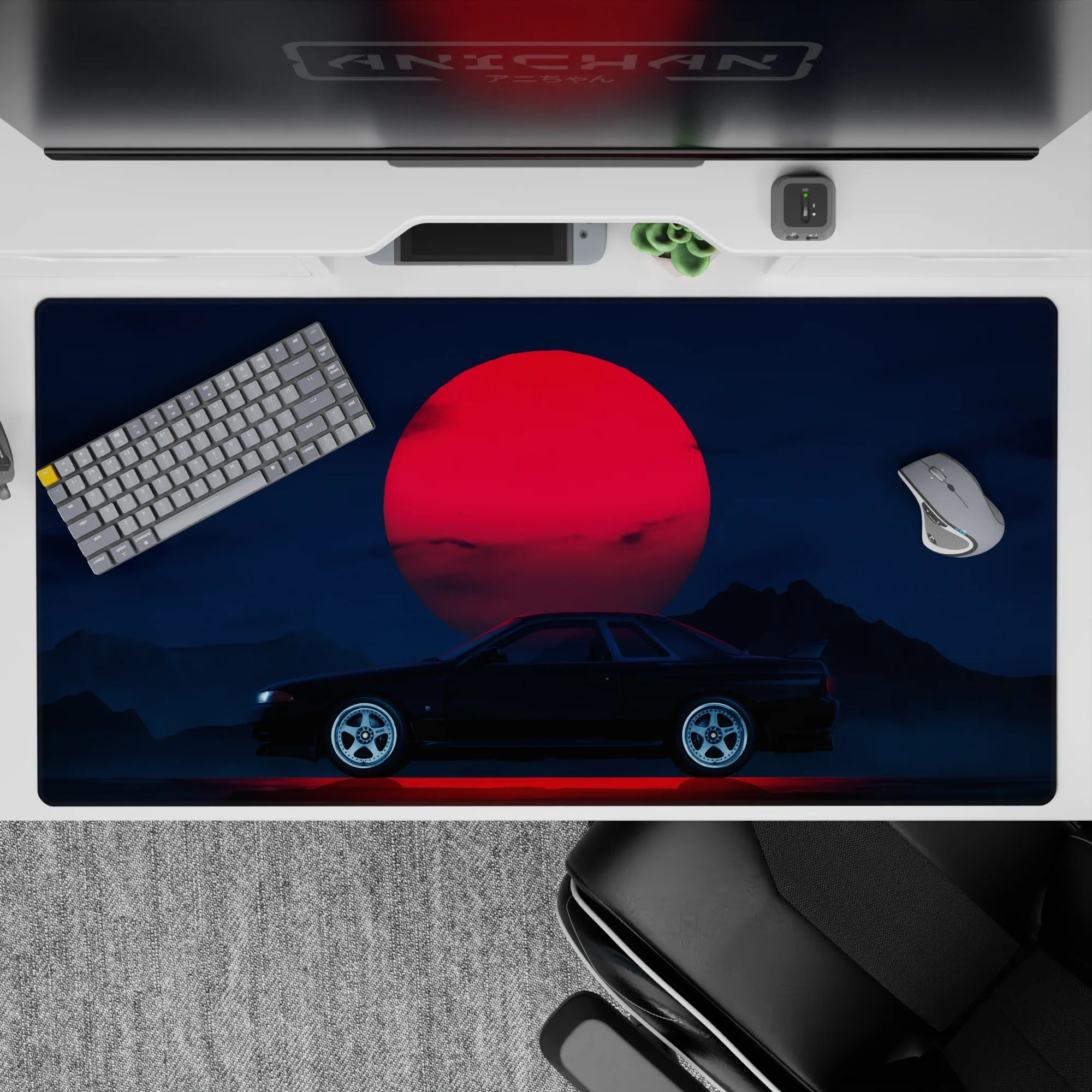 Retrowave - Vaporwave Deskmat | Mousepad | Deskpad - Midnight Skyline Eclipse - AniChan