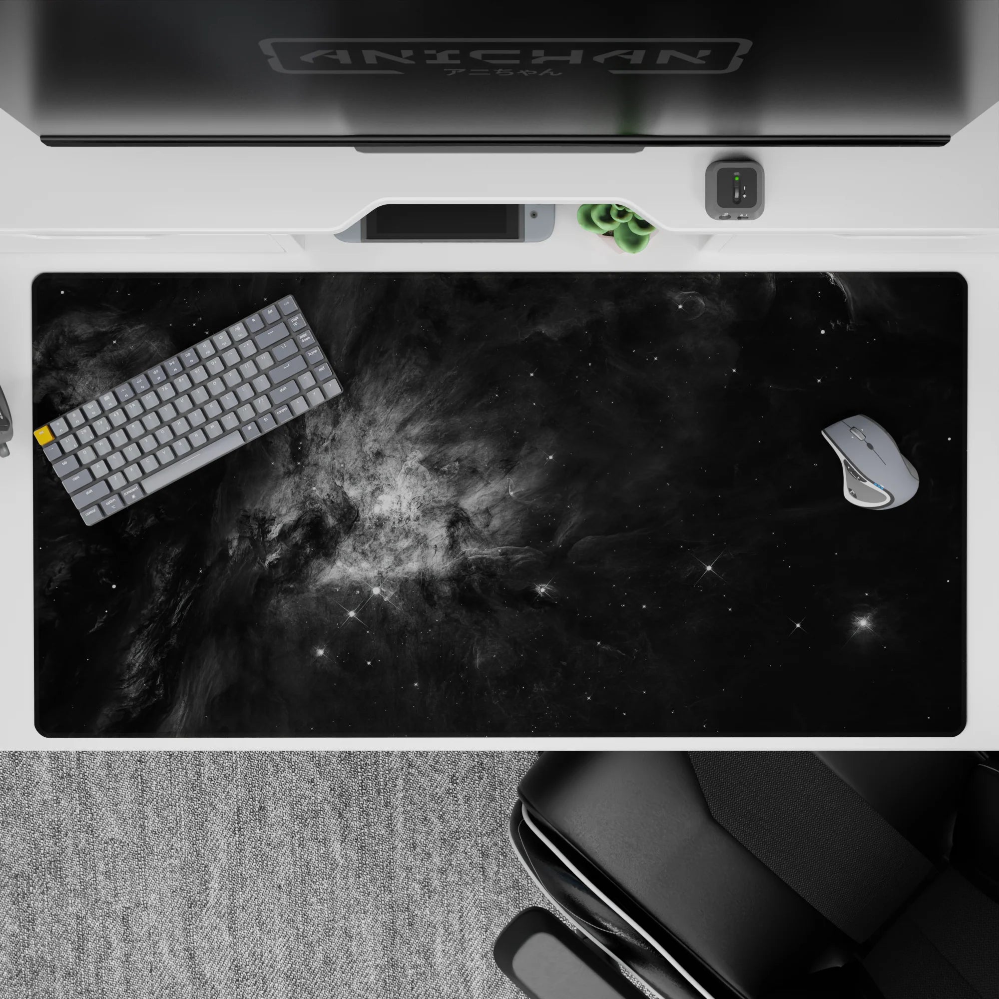 Moody fog-gray to deep-black desk pad 40x20 inches, calming space vibe for gaming or work.