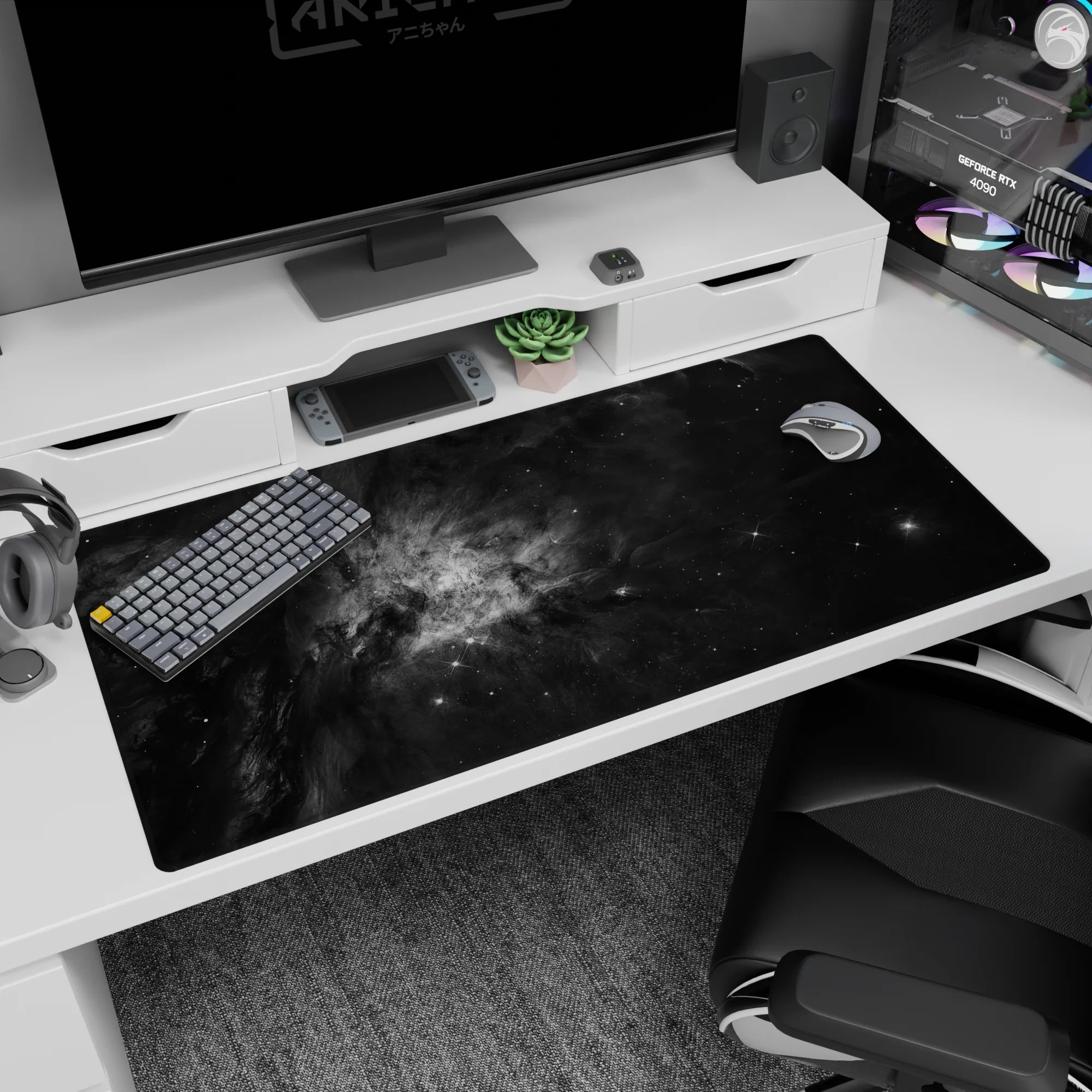 Charcoal cloud nebula scene desk pad 40x20 inches with tiny twinkling stars in dark space.