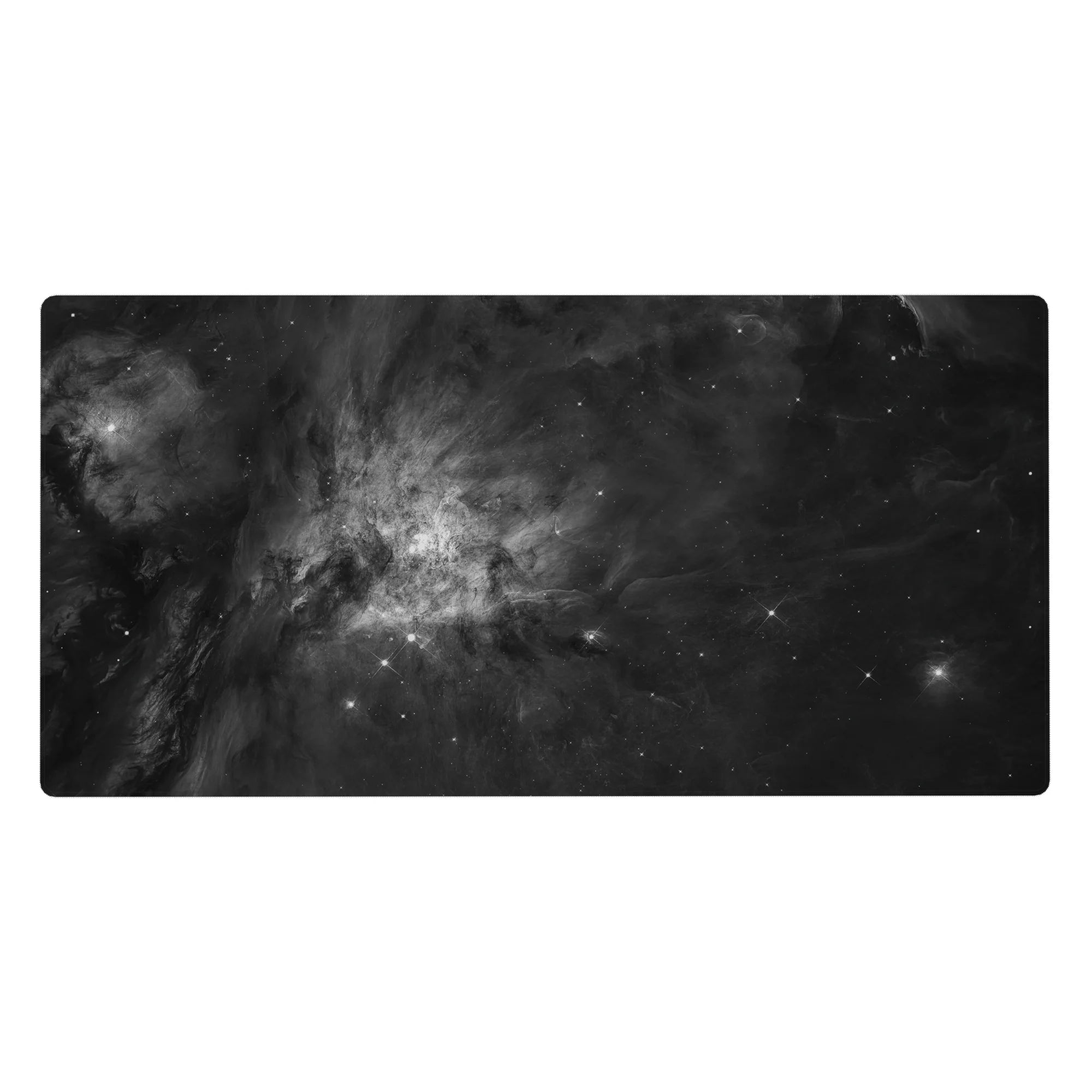Midnight nebula desk pad 40x20 inches with smoky charcoal clouds and subtle star-like specks.