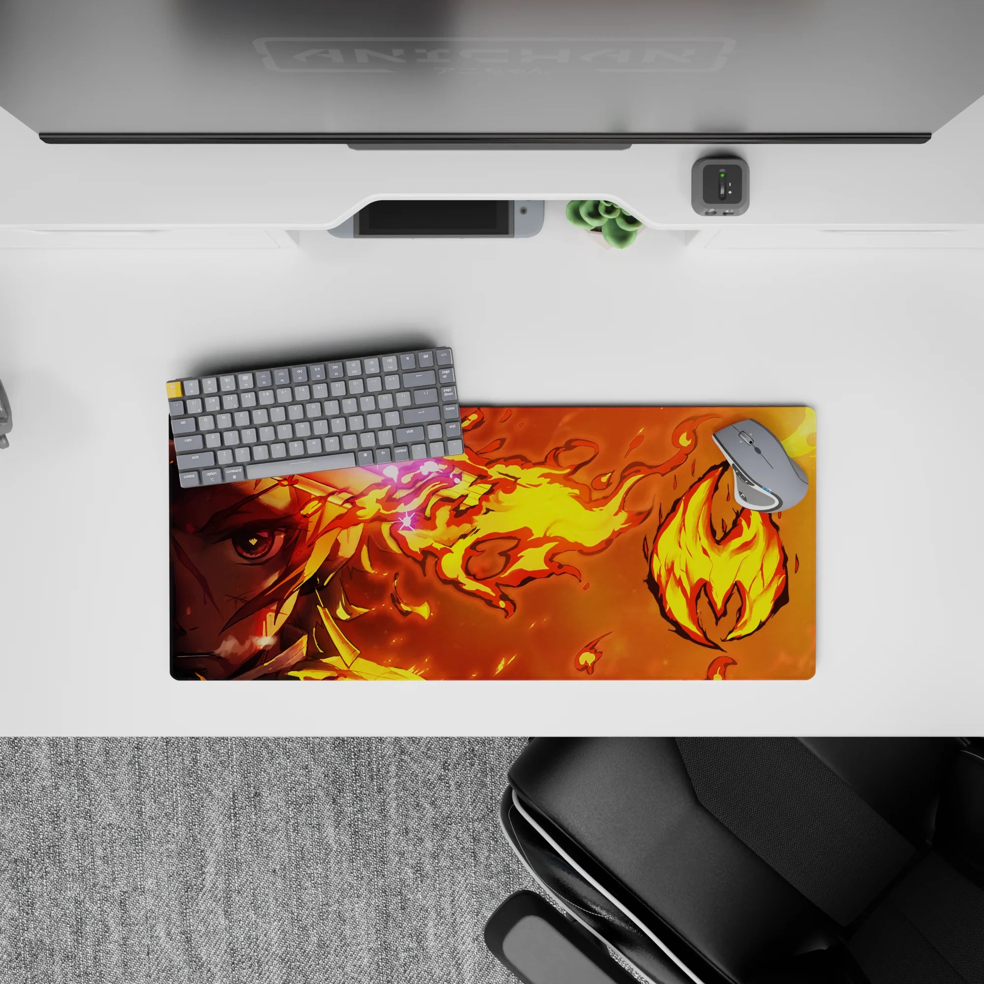Anime mouse pad 28x12 inches featuring Rengoku from Demon Slayer, showcasing fiery colors and dynamic flame trails.