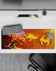 Anime mouse pad 32x12 inches featuring Rengoku from Demon Slayer with vibrant flames in golden yellows and blood oranges.