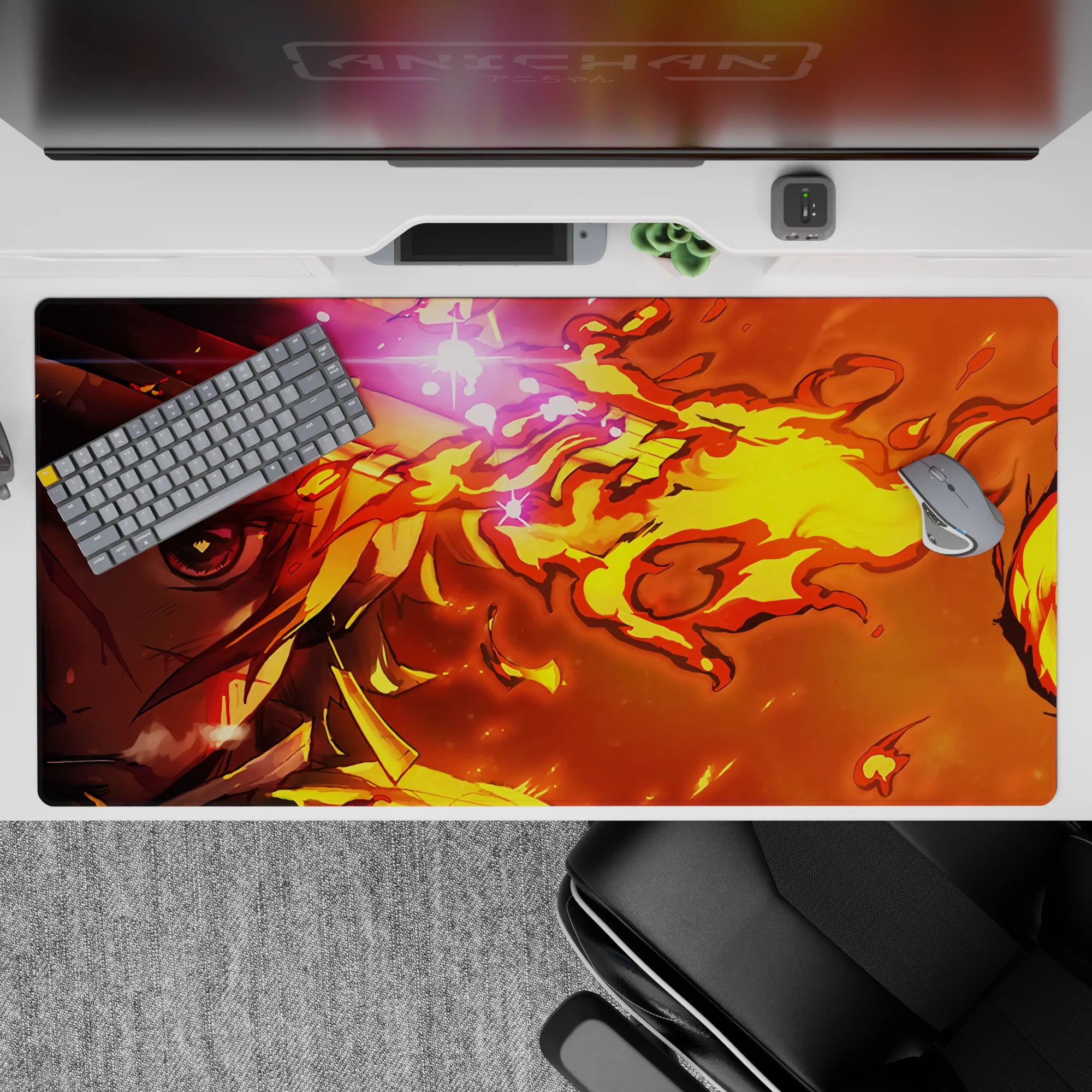 Rengoku anime desk pad 40x20 inches featuring fiery design with golden yellows and deep blood oranges, perfect for fans.