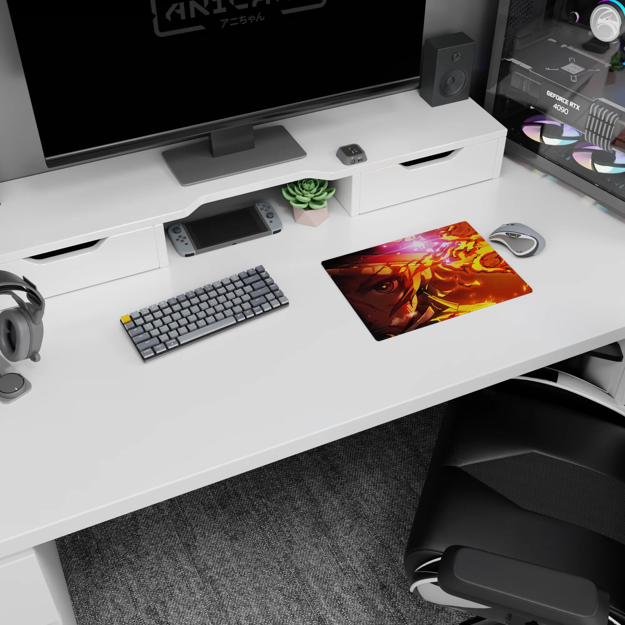 Rengoku anime mouse pad 14x10 inches, featuring his intense gaze surrounded by vibrant flames in golden and orange hues.