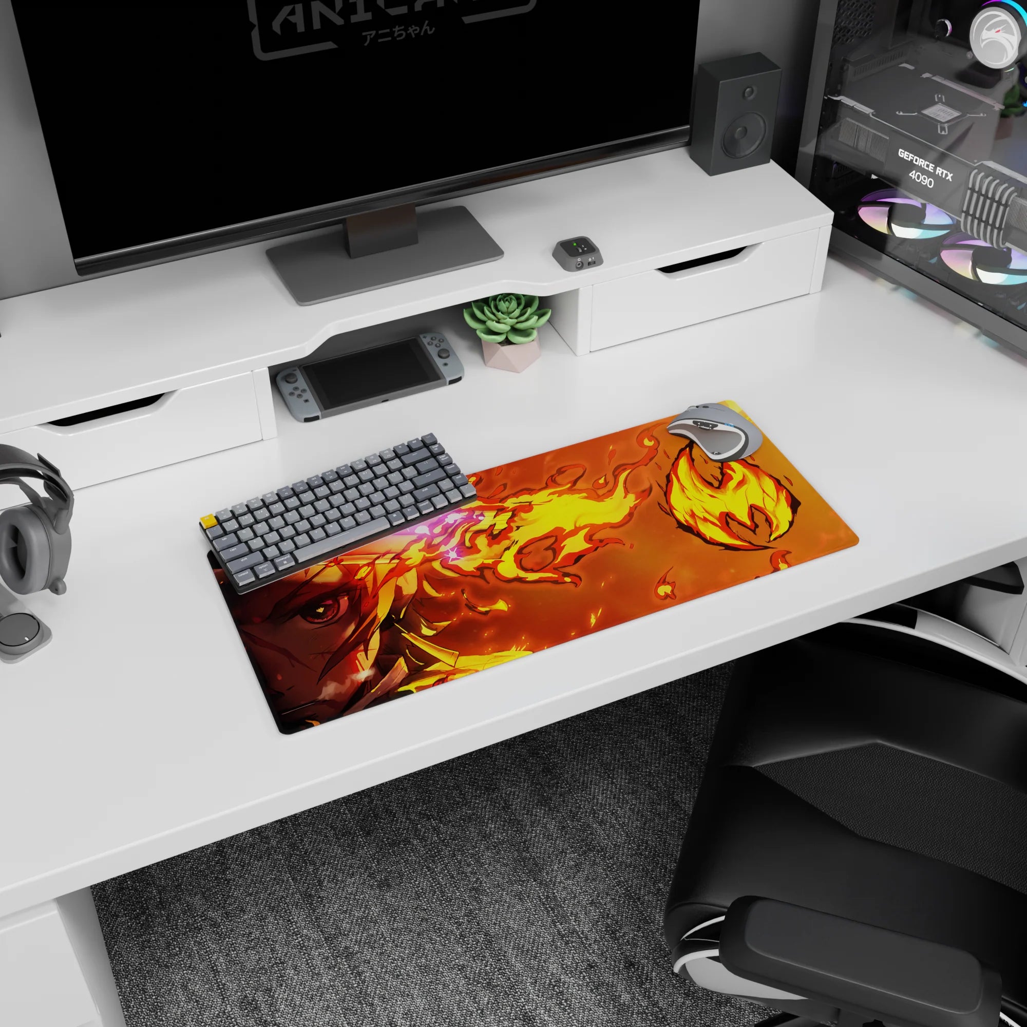Anime mouse pad 28x12 inches featuring Rengoku from Demon Slayer with intense flames of golden yellows and blood oranges.