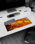 Anime mouse pad 28x12 inches featuring Rengoku from Demon Slayer with intense flames of golden yellows and blood oranges.