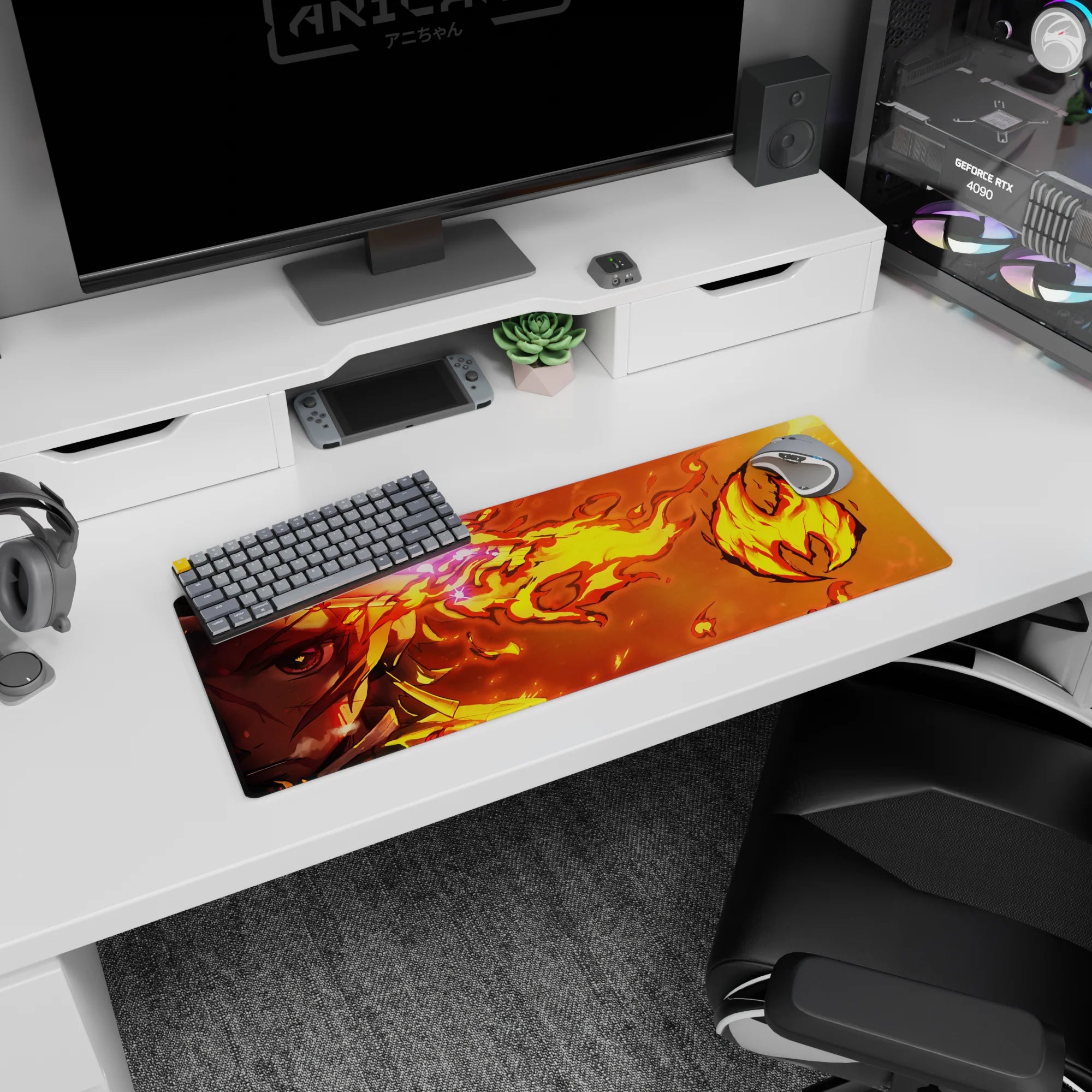 Anime mouse pad featuring Rengoku from Demon Slayer, 32x12 inches, with fiery hues of yellow and orange, enhancing your desk.