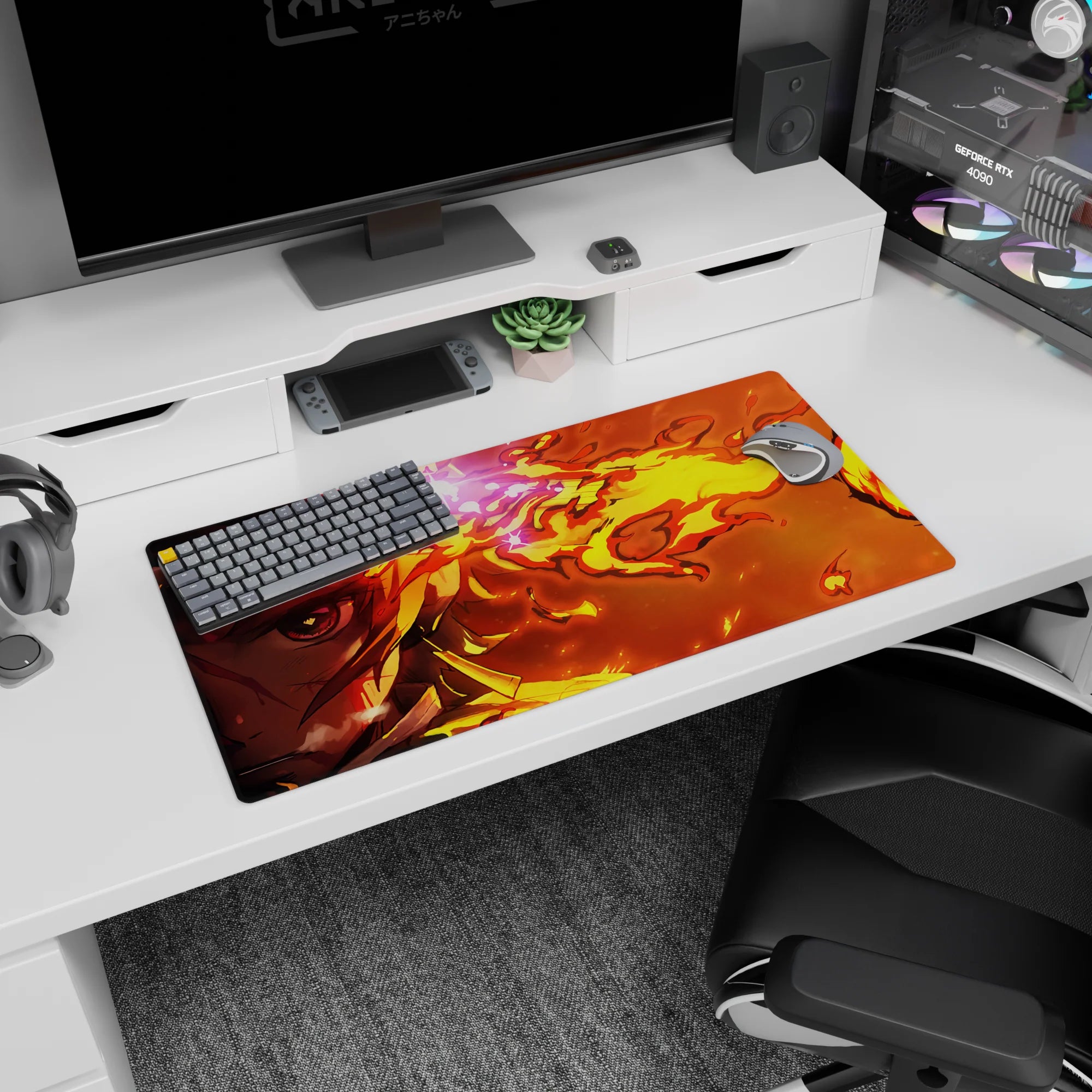 Anime mouse pad 32x16 inches featuring Rengoku from Demon Slayer with fiery colors of gold and deep blood orange.