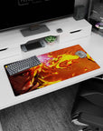 Anime mouse pad 32x16 inches featuring Rengoku from Demon Slayer with fiery colors of gold and deep blood orange.