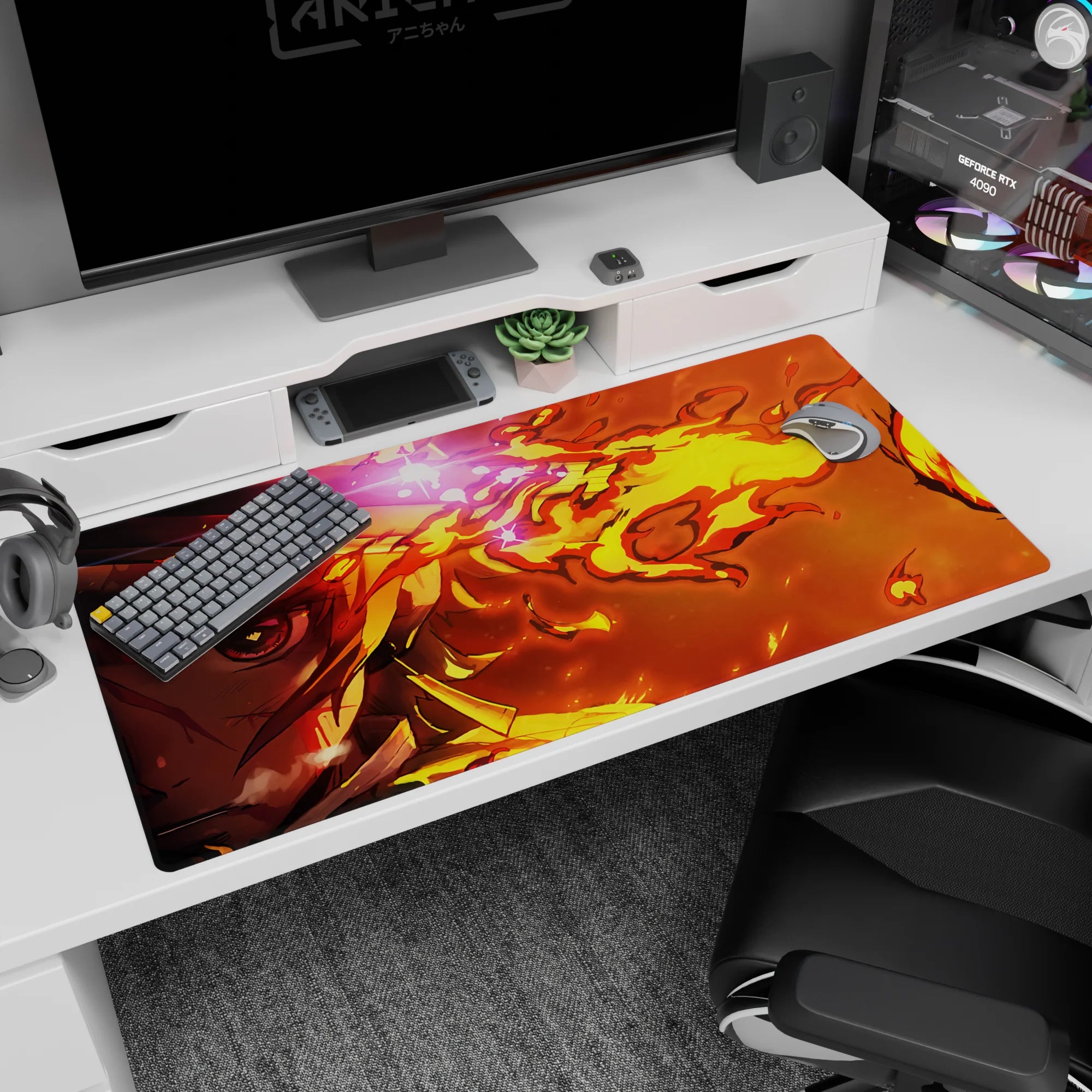 Anime desk pad featuring Rengoku from Demon Slayer, size 40x20 inches, with vibrant flame graphics and intense gaze.