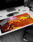Anime desk pad featuring Rengoku from Demon Slayer, size 40x20 inches, with vibrant flame graphics and intense gaze.