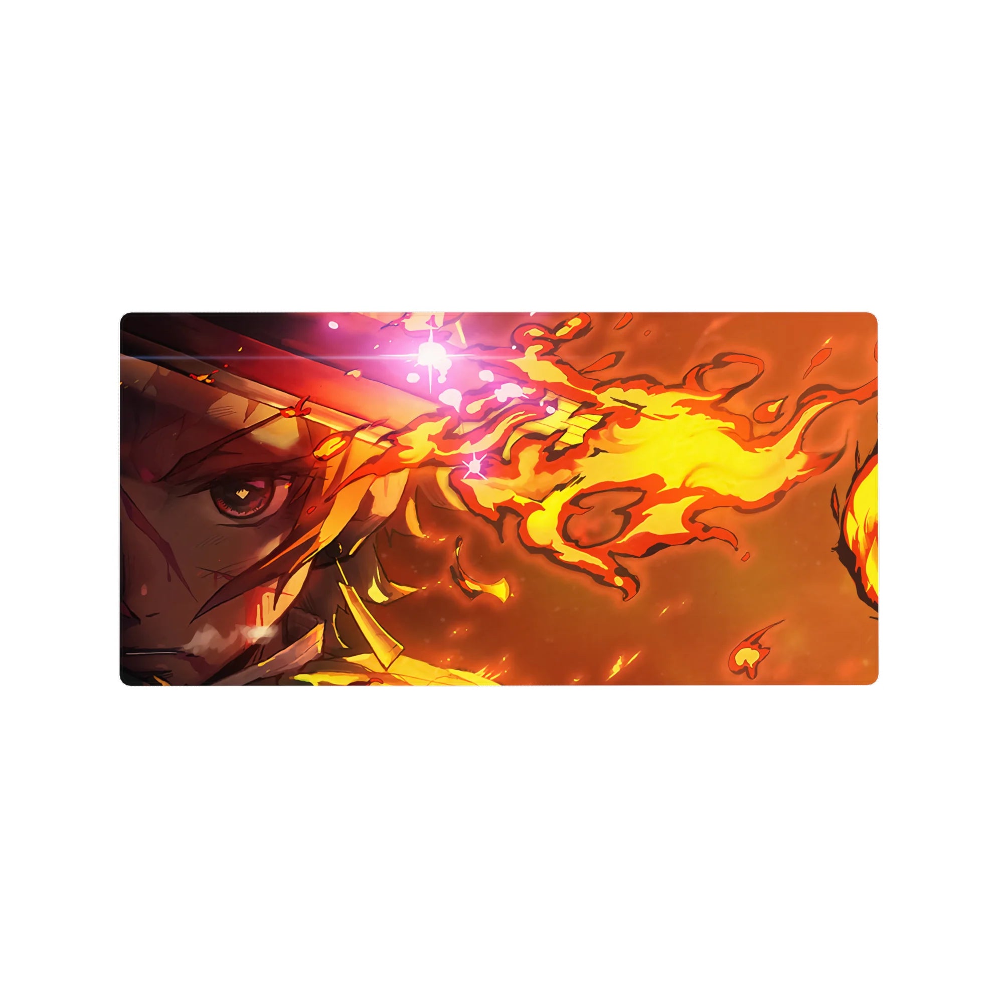 Anime mouse pad 32x16 inches featuring Rengoku from Demon Slayer with flames in golden yellows and deep blood oranges.