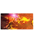 Anime mouse pad 32x16 inches featuring Rengoku from Demon Slayer with flames in golden yellows and deep blood oranges.