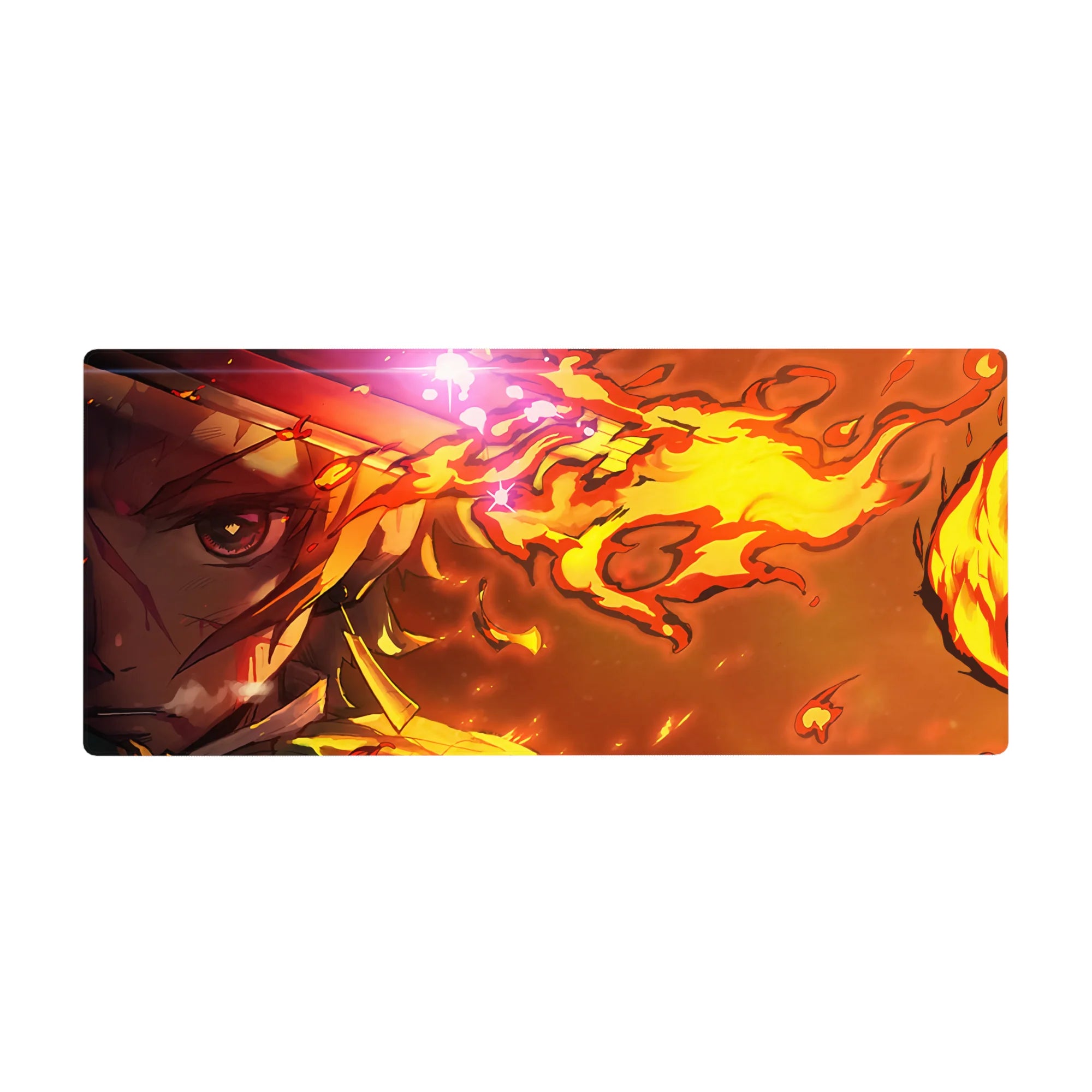 Anime desk pad 36x16 inches featuring Rengoku from Demon Slayer with fiery yellows and deep blood oranges in an intense design.