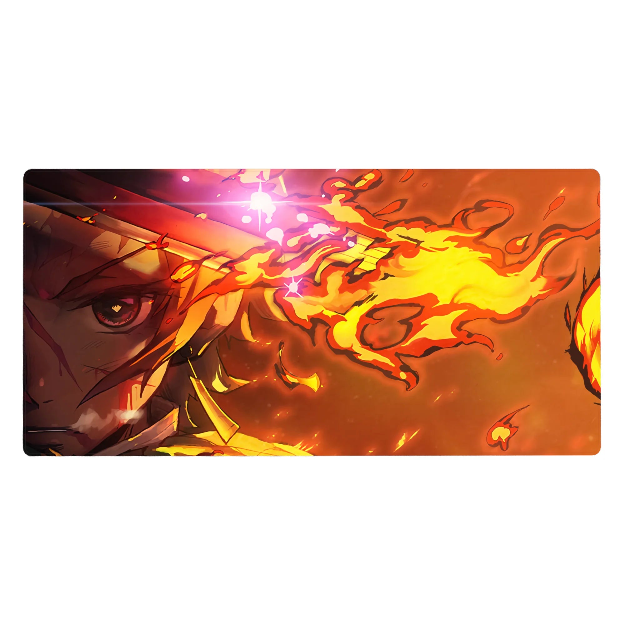 Rengoku from Demon Slayer anime on a 40x20 inches desk pad, featuring vibrant flames in golden yellows and deep blood oranges.