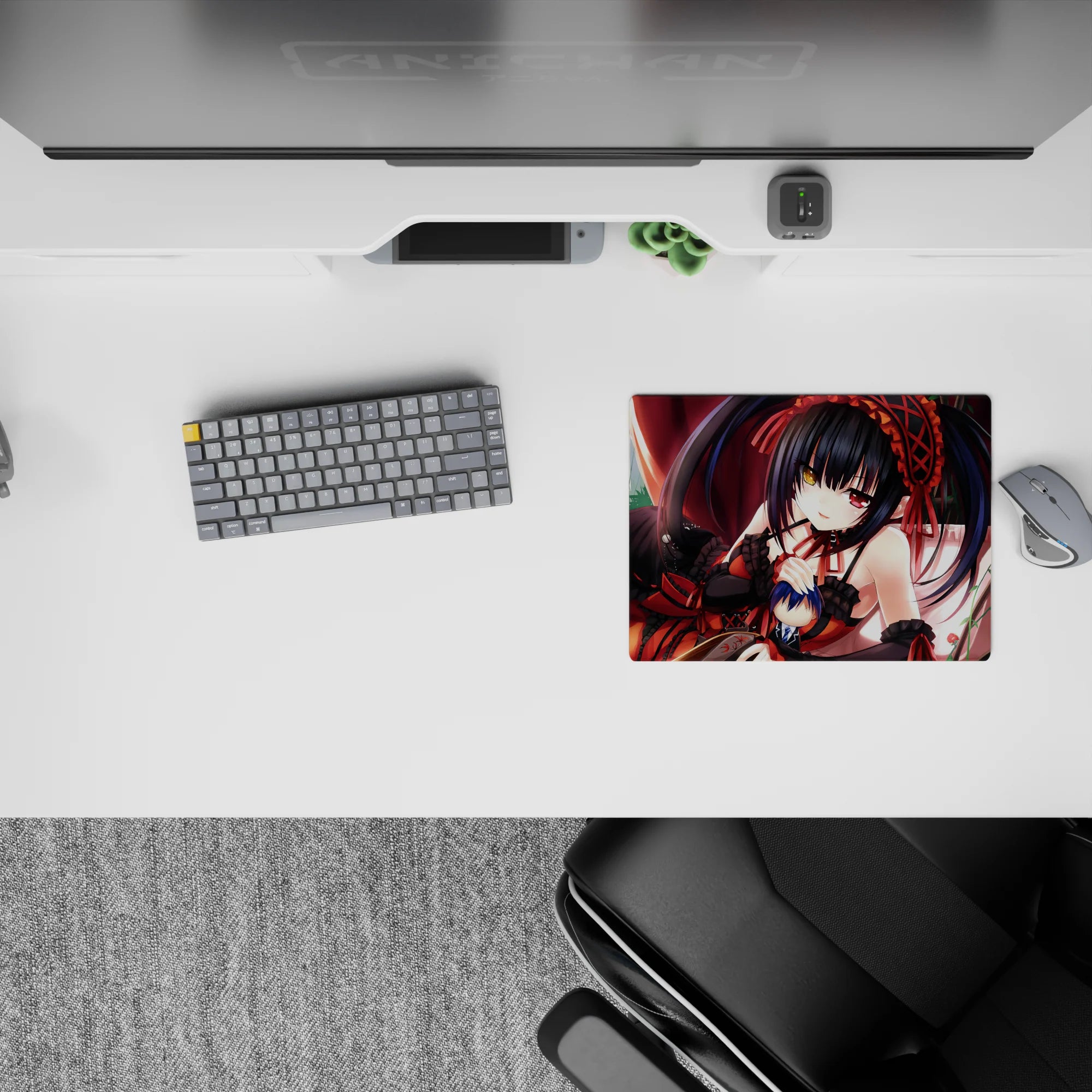 Moody crimson drapes and soft window light on an anime girl mouse pad 14x10 inches with ruby ribbons.