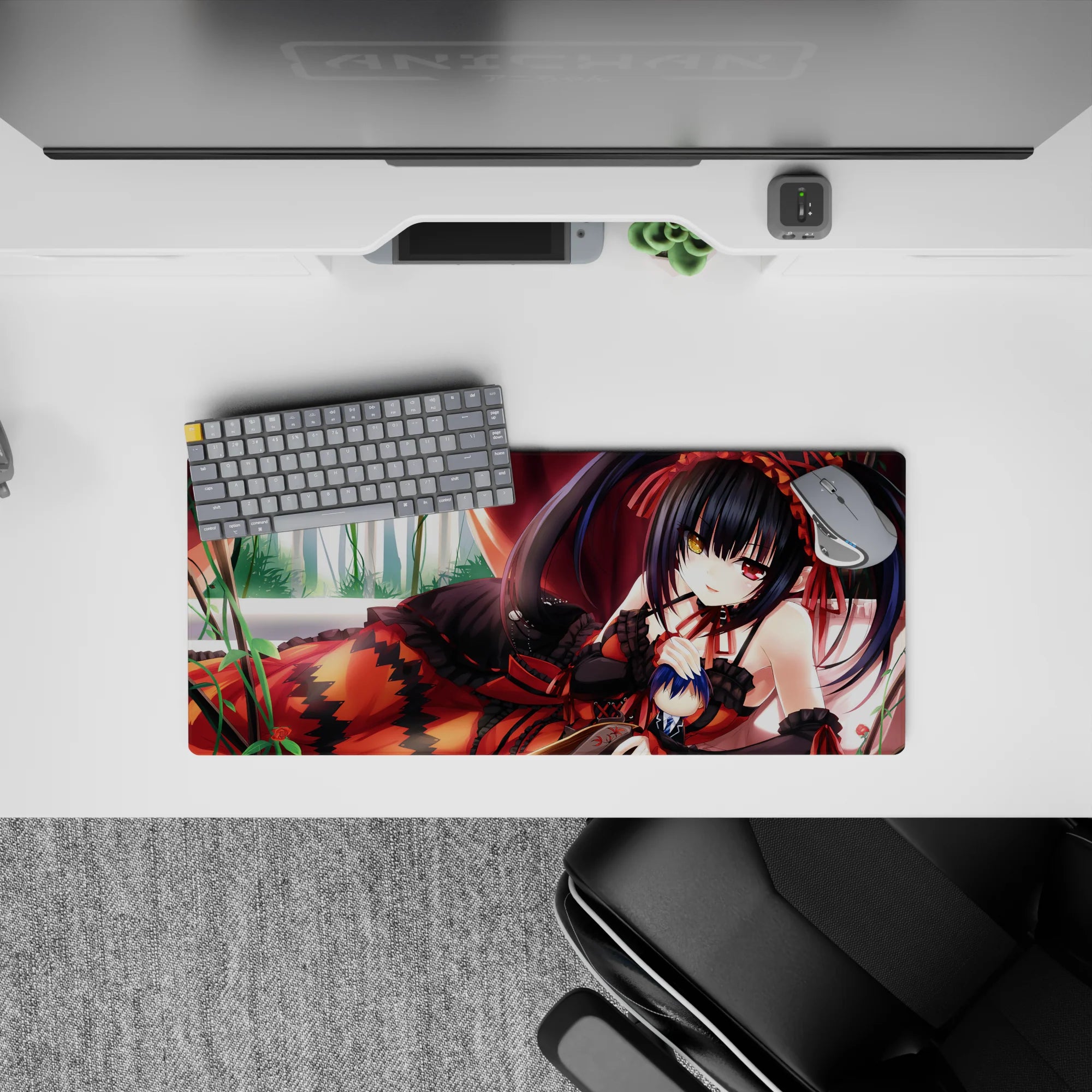 28x12 inches anime mouse pad in crimson drapes and soft window light, flirty dark palette, smooth tracking.