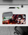 28x12 inches anime mouse pad in crimson drapes and soft window light, flirty dark palette, smooth tracking.