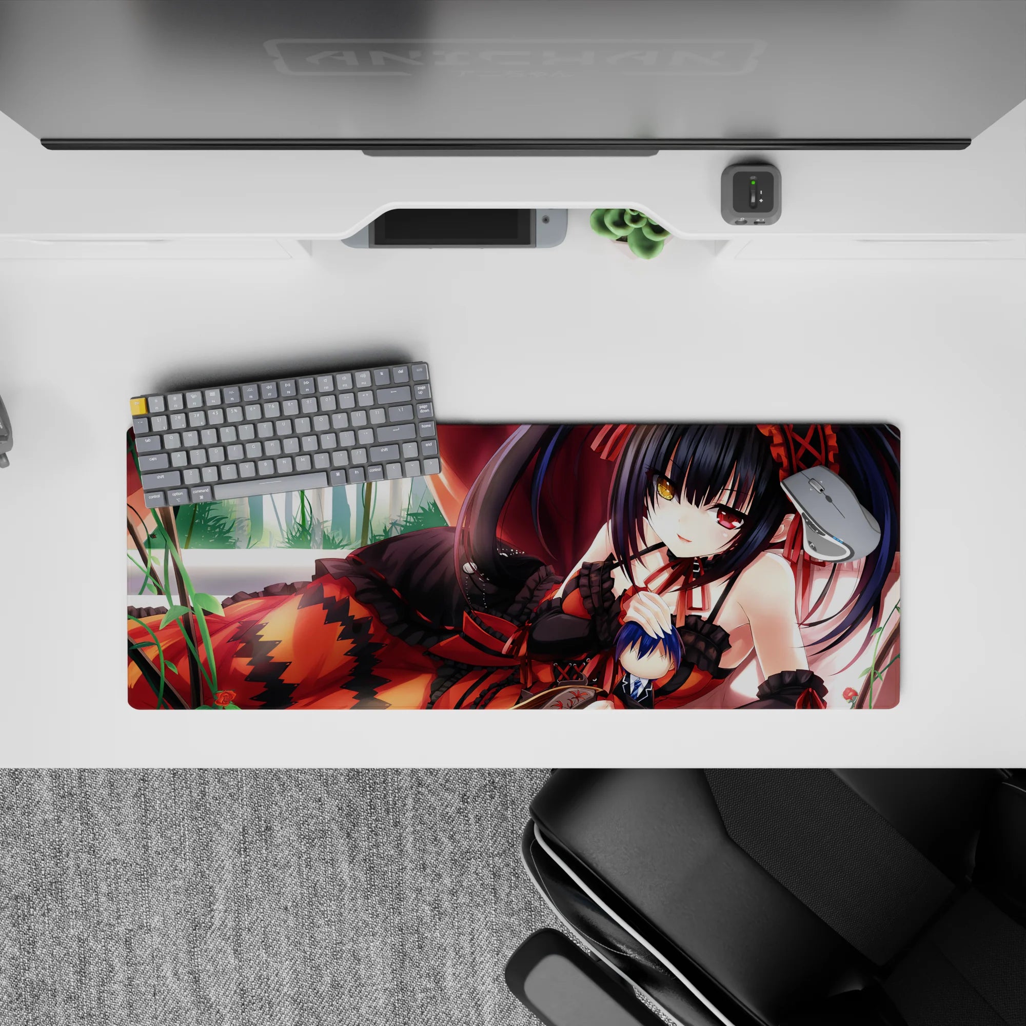 32x12 inches desk mat in crimson drapes and soft window light, flirty noir vibe, comfy wrist rest.