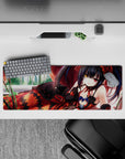 32x12 inches desk mat in crimson drapes and soft window light, flirty noir vibe, comfy wrist rest.