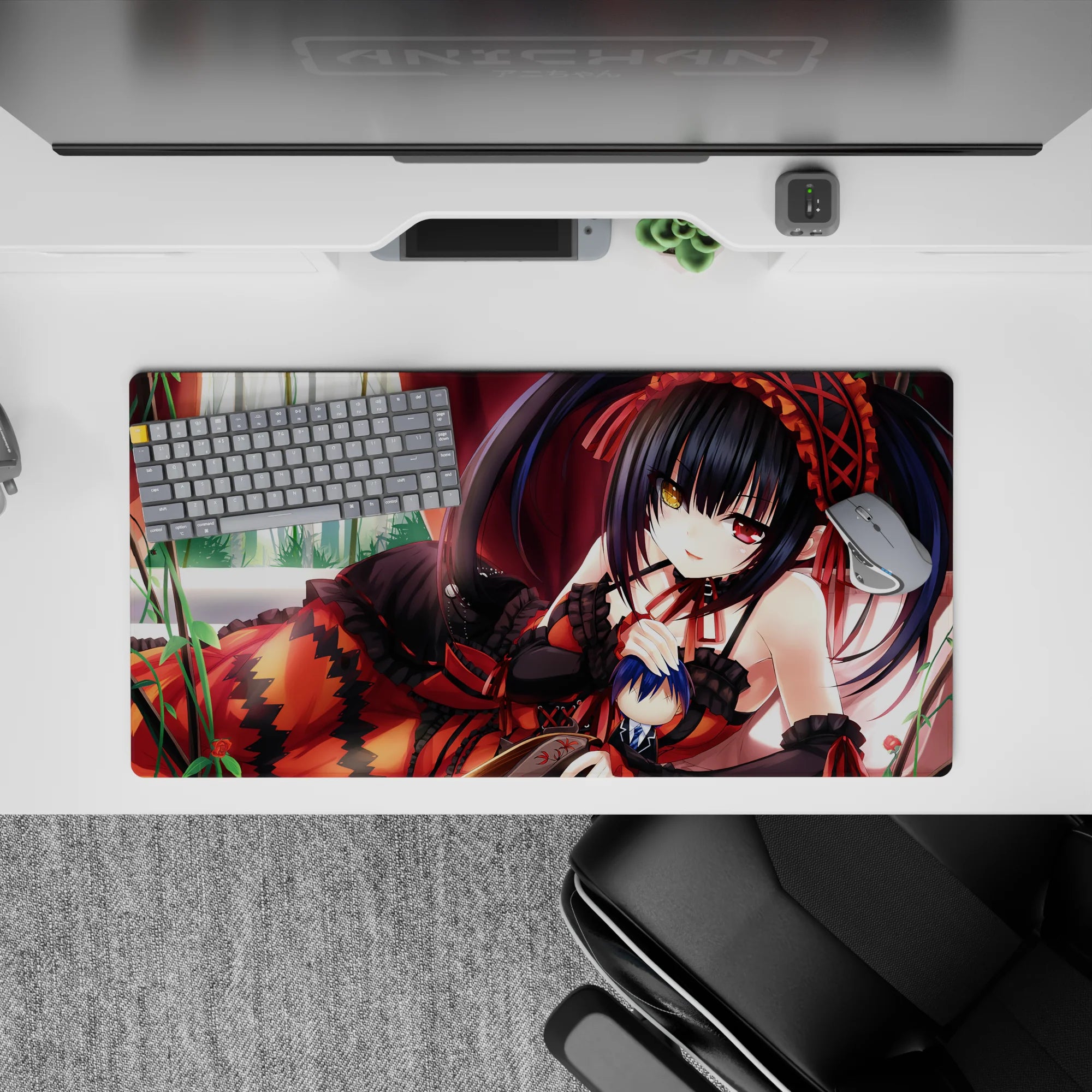 32x16 inches anime girl mouse pad in crimson drapes and soft window light with glowing heterochromia eyes.