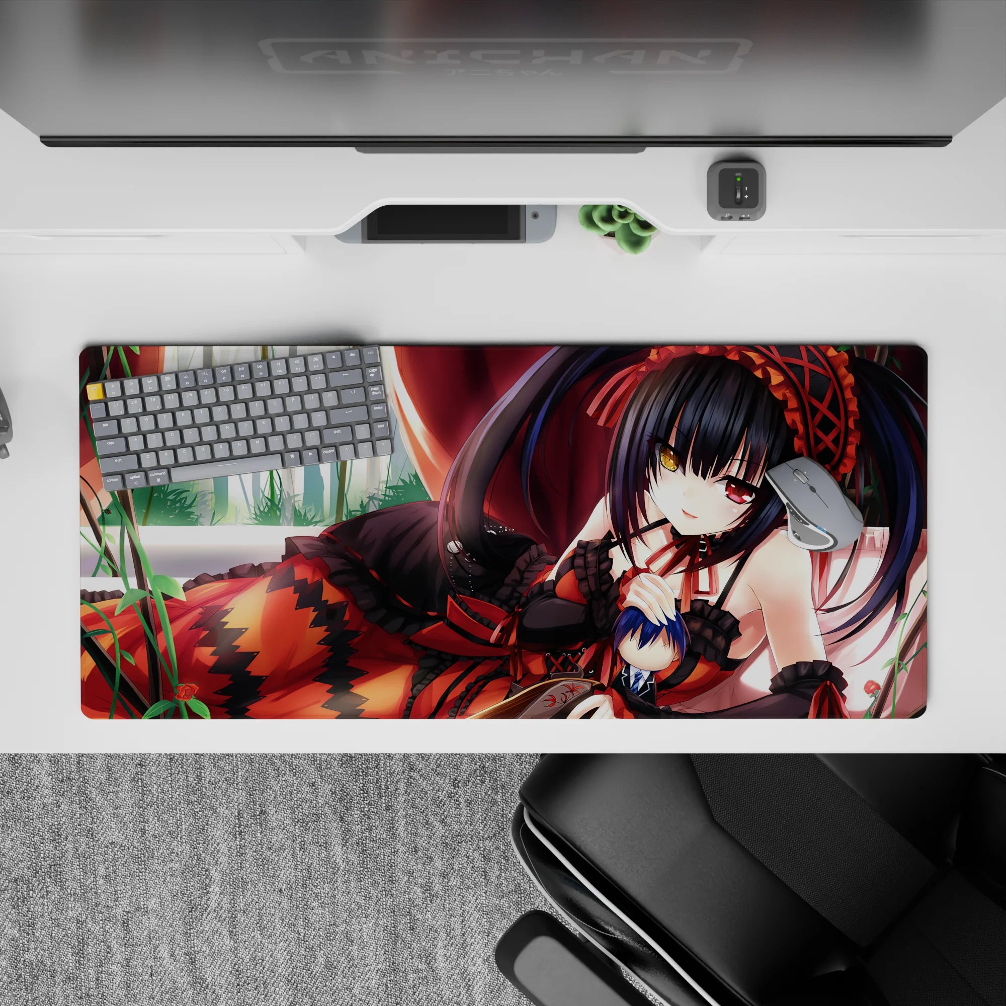 Anime girl desk pad 36x16 inches in crimson drapes and soft window light, with glowing heterochromia eyes.
