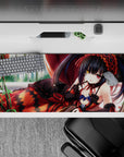 Anime girl desk pad 36x16 inches in crimson drapes and soft window light, with glowing heterochromia eyes.