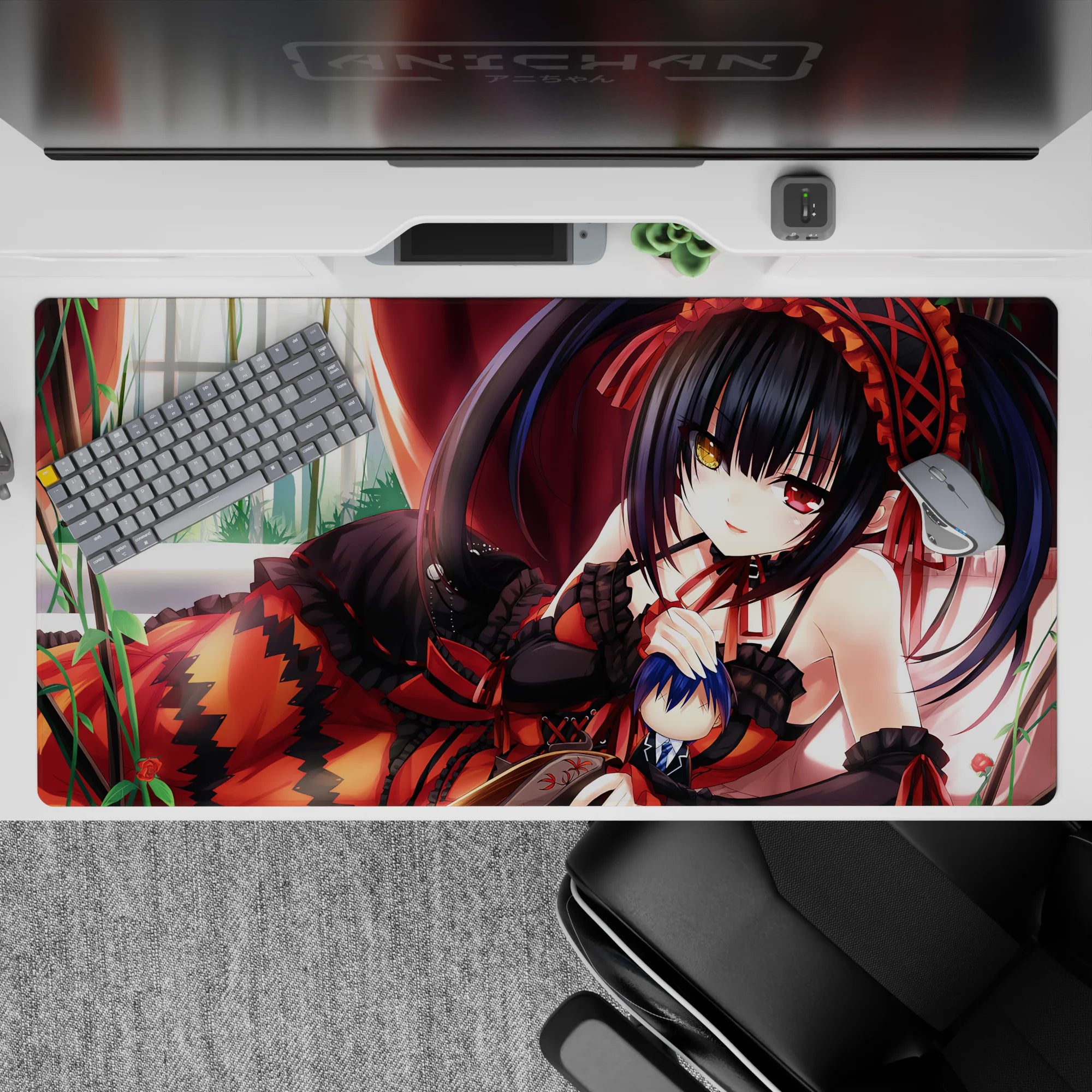 Anime girl mouse pad 40x20 inches in crimson drapes and soft window light, flirty dark romantic vibe.