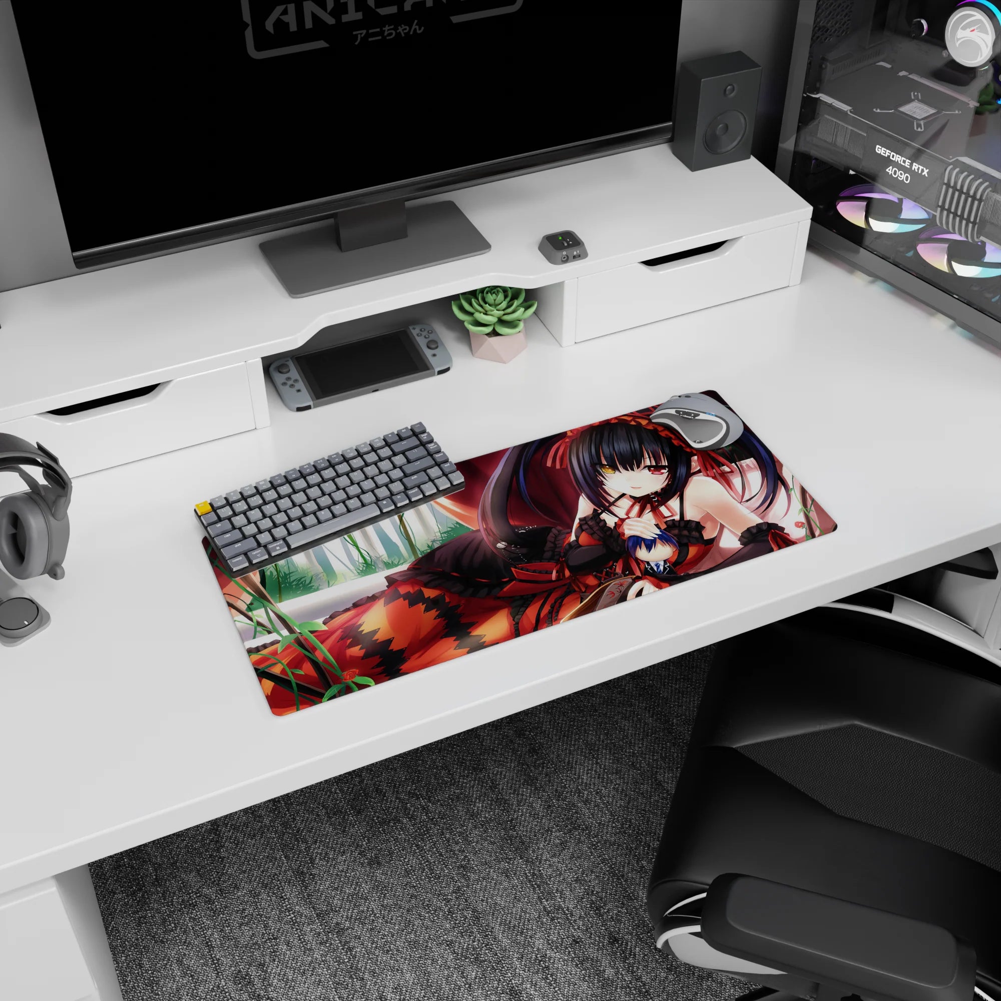 28x12 inches Kurumi Tokisaki Date A Live mouse pad, lounging pose with heterochromia eyes and sly smile.