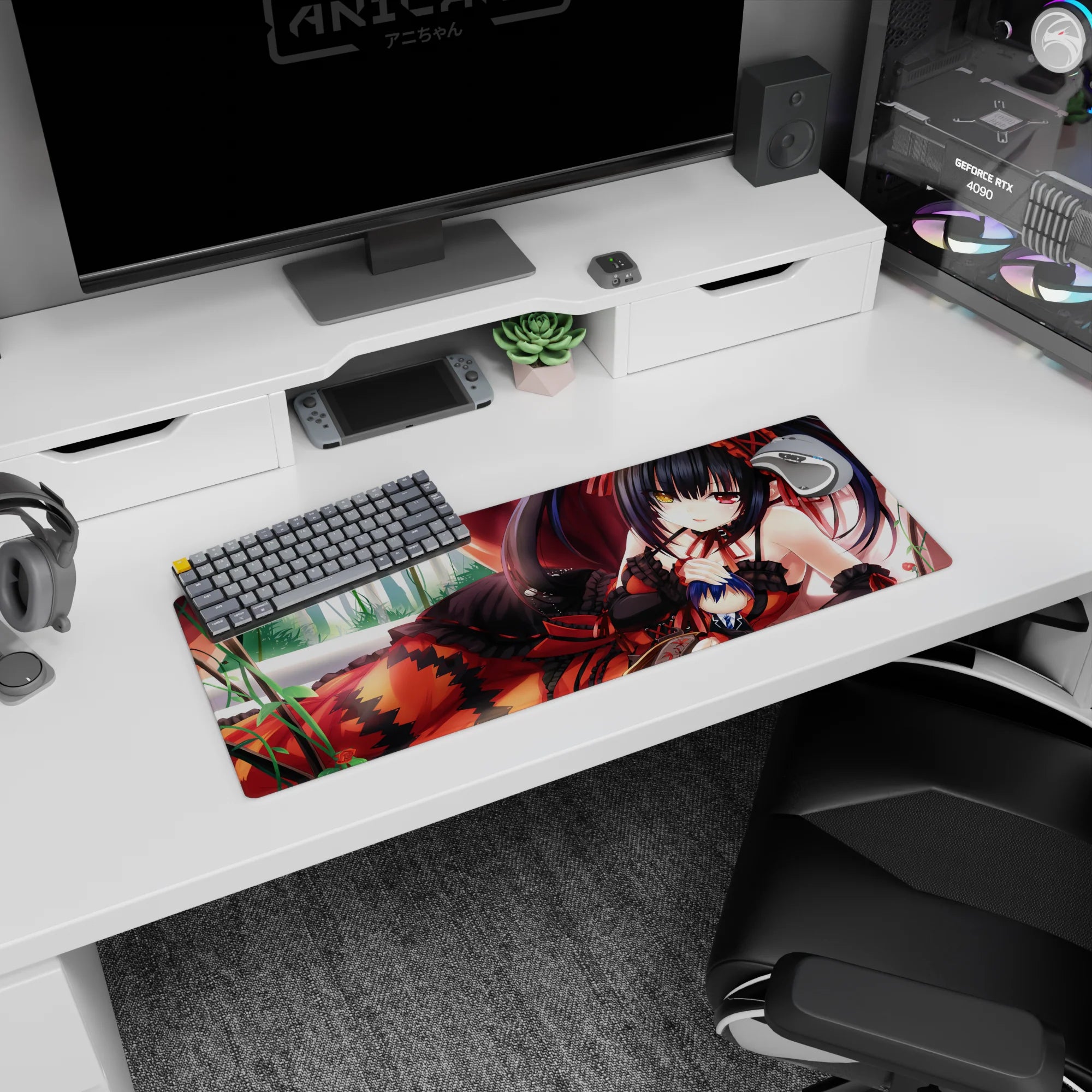 32x12 inches Kurumi Tokisaki Date A Live mouse pad, heterochromia eyes, lounging with sly smile.