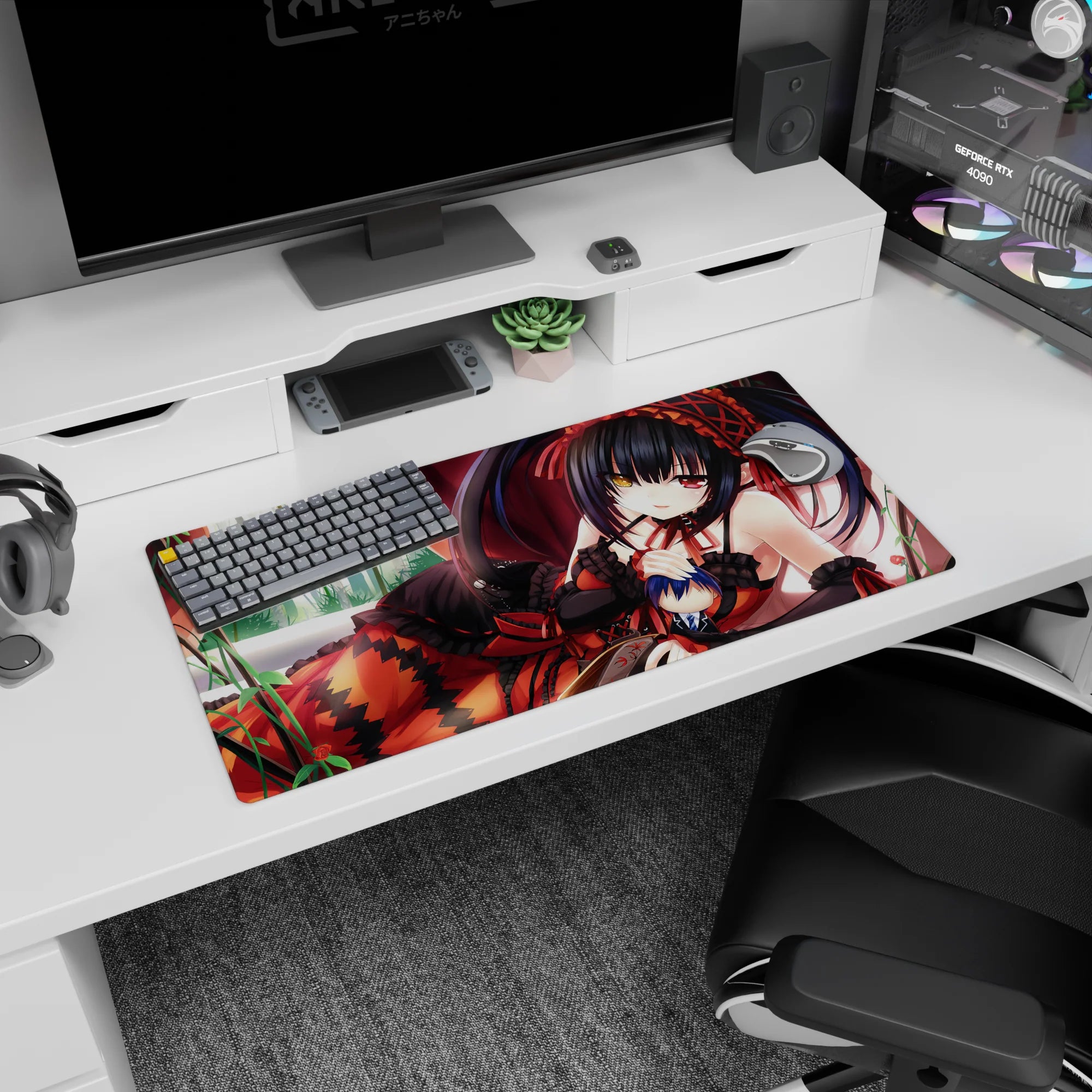 32x16 inches Kurumi Tokisaki Date A Live mouse pad, lounging with sly smile in black lace and red ribbons.
