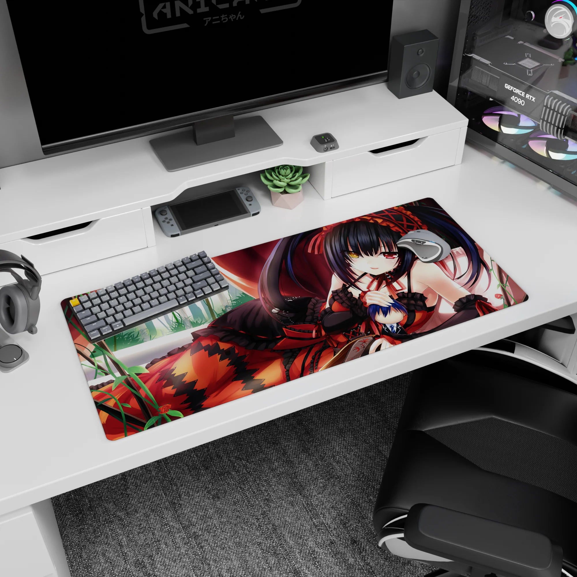 Kurumi Tokisaki Date A Live desk pad 36x16 inches, lounging with a sly smile in black lace and ribbons.