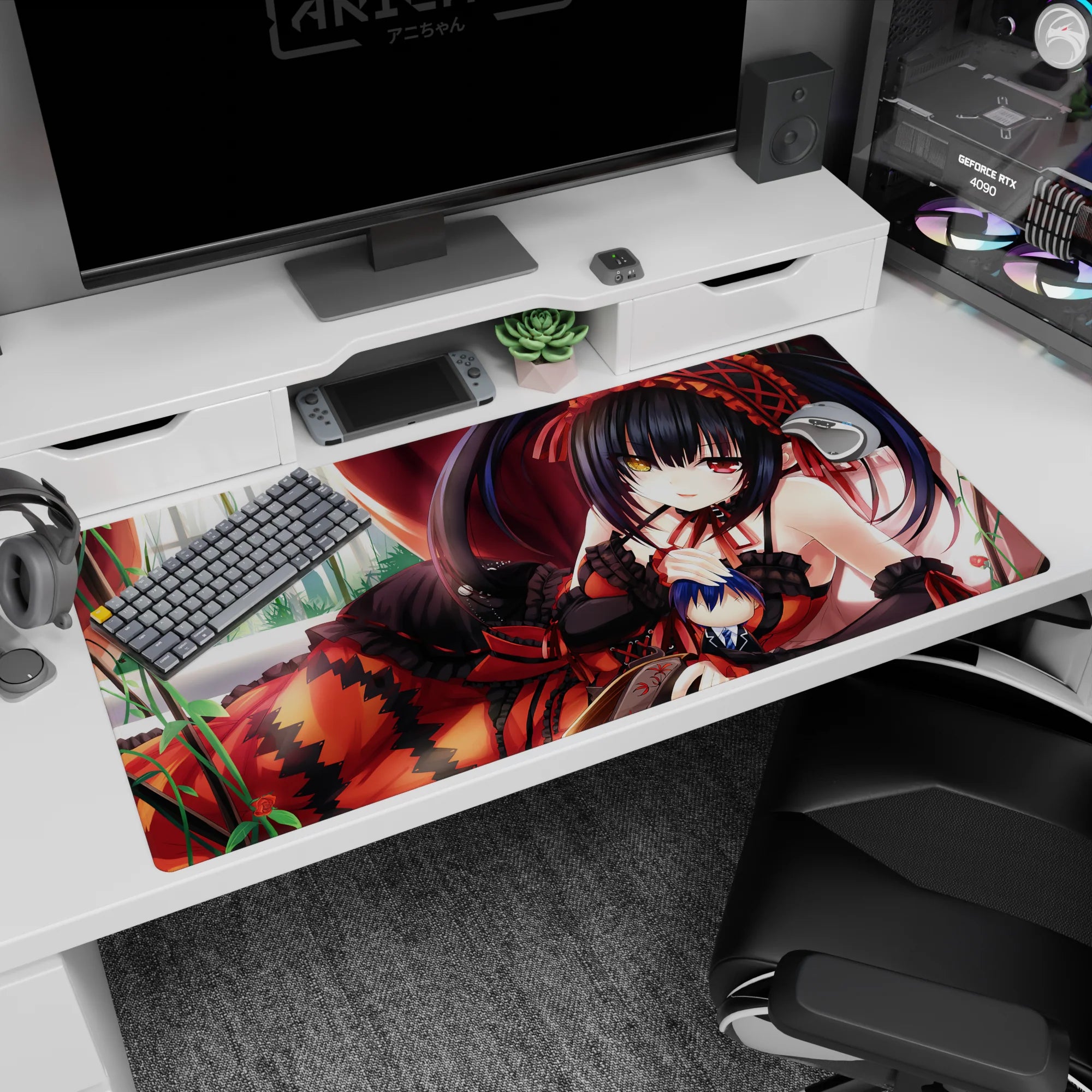 Kurumi Tokisaki Date A Live desk pad 40x20 inches, heterochromia eyes, sly smile, lounging in lace.