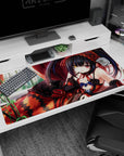 Kurumi Tokisaki Date A Live desk pad 40x20 inches, heterochromia eyes, sly smile, lounging in lace.