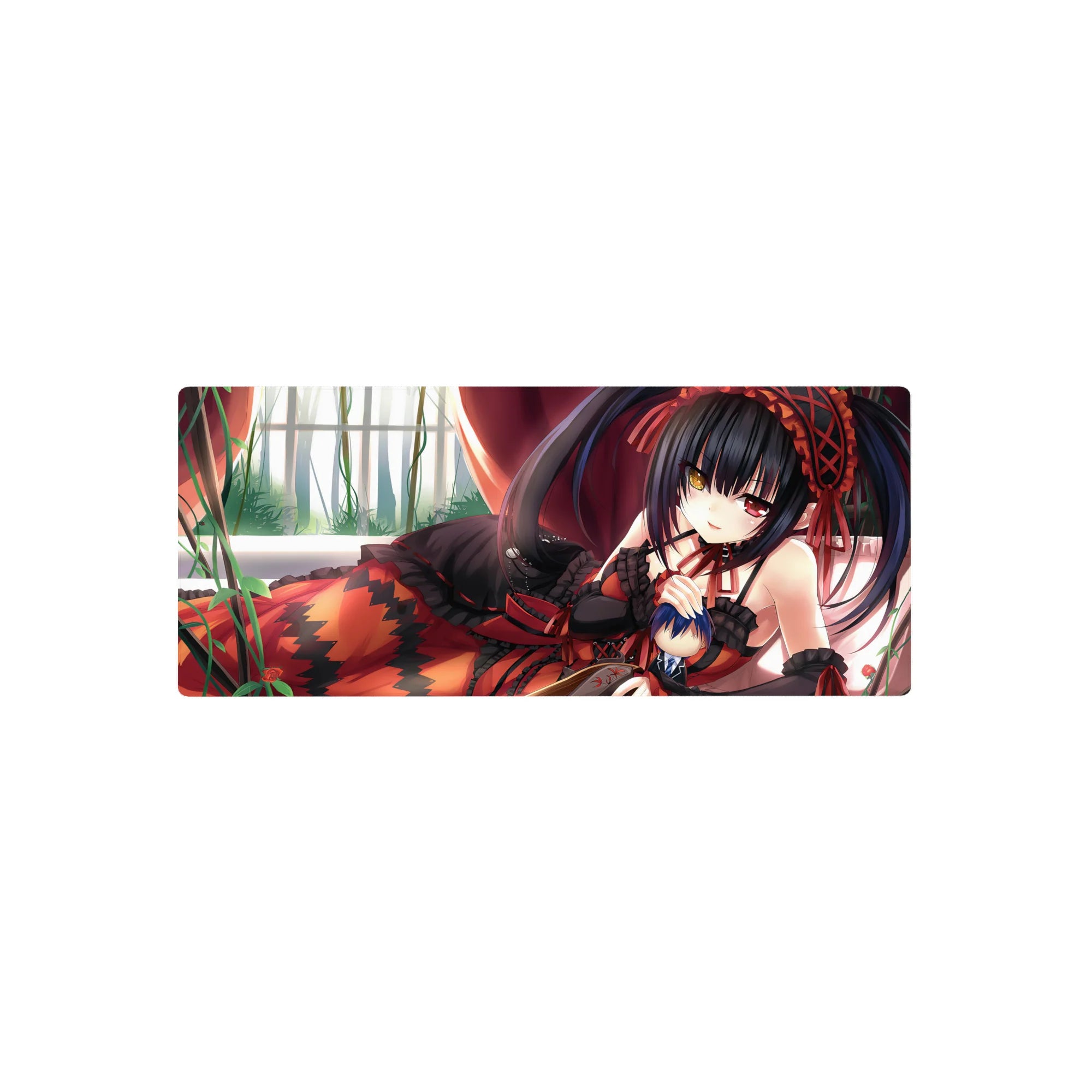 28x12 inches anime girl mouse pad with black lace outfit, ruby ribbons, zigzag skirt, comfy wrist support.