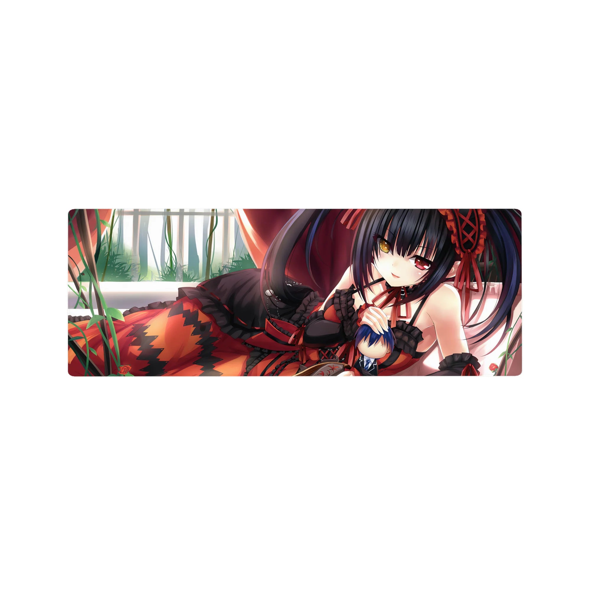 32x12 inches anime girl mouse pad with black lace, ruby ribbons, frilly skirt, and smooth tracking.
