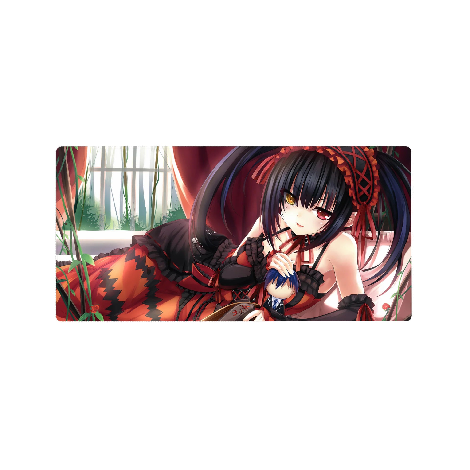 32x16 inches anime girl mouse pad with black lace outfit, ruby ribbons, frills, and zigzag skirt detail.