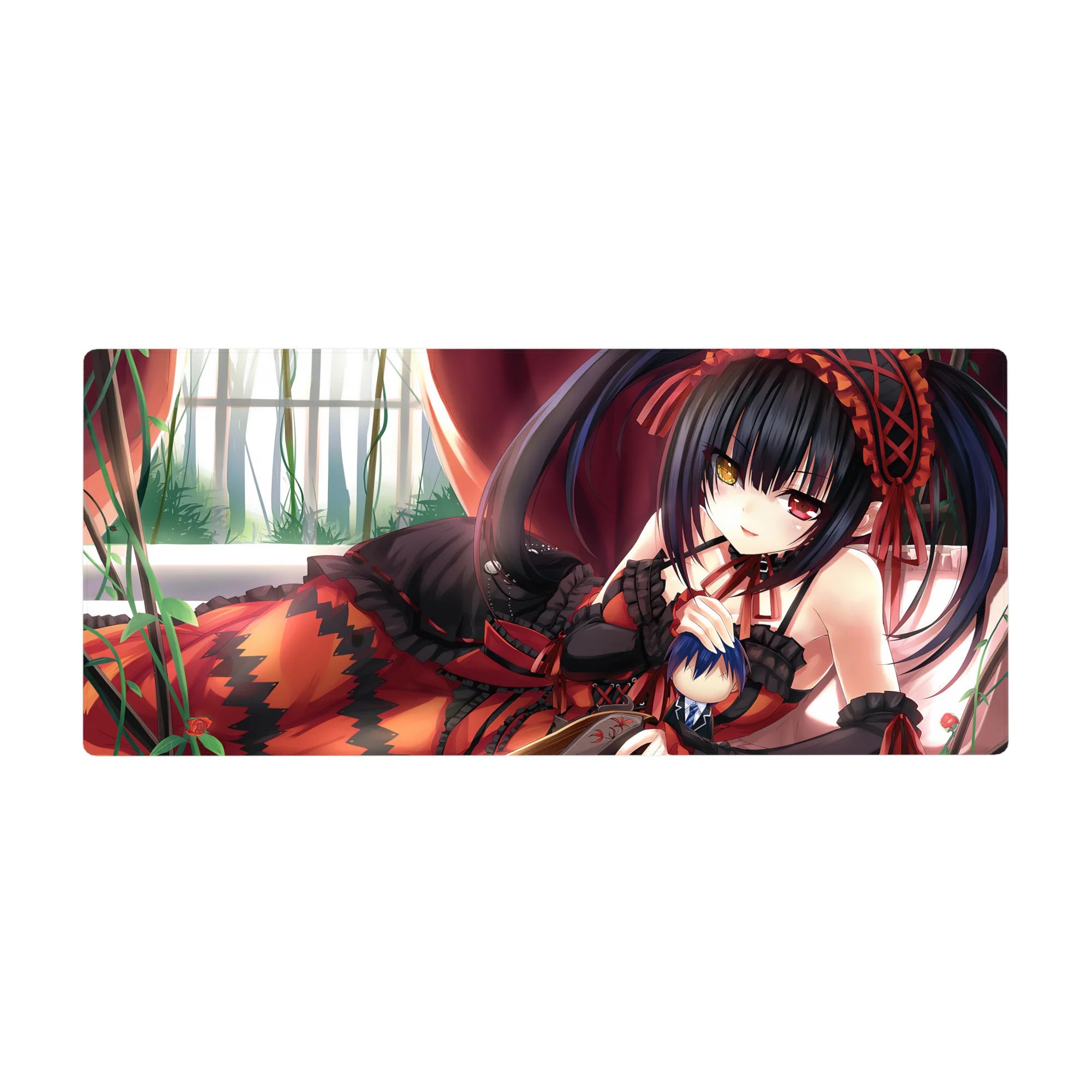 Anime girl desk pad 36x16 inches with black lace outfit, ruby ribbons, zigzag skirt, and frilly details.
