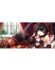 Anime girl desk pad 36x16 inches with black lace outfit, ruby ribbons, zigzag skirt, and frilly details.