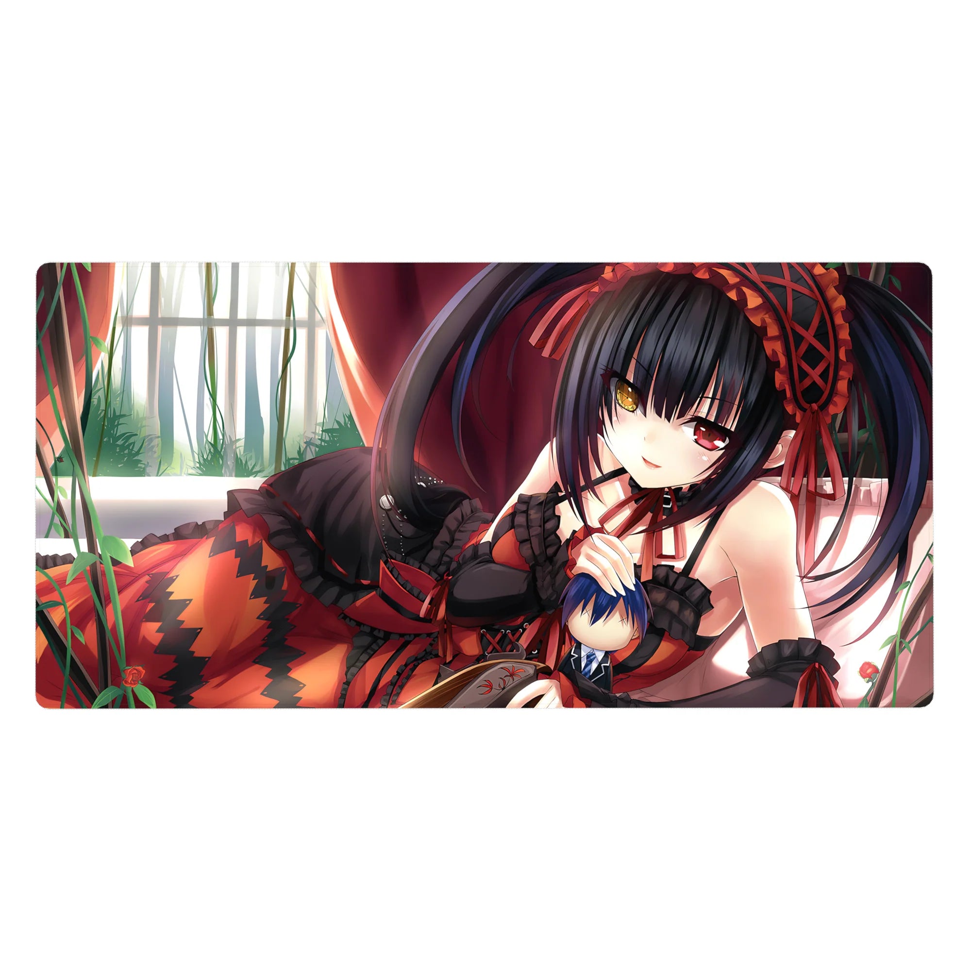Anime girl desk pad 40x20 inches with black lace outfit, ruby ribbons, frills, and zigzag skirt pattern.