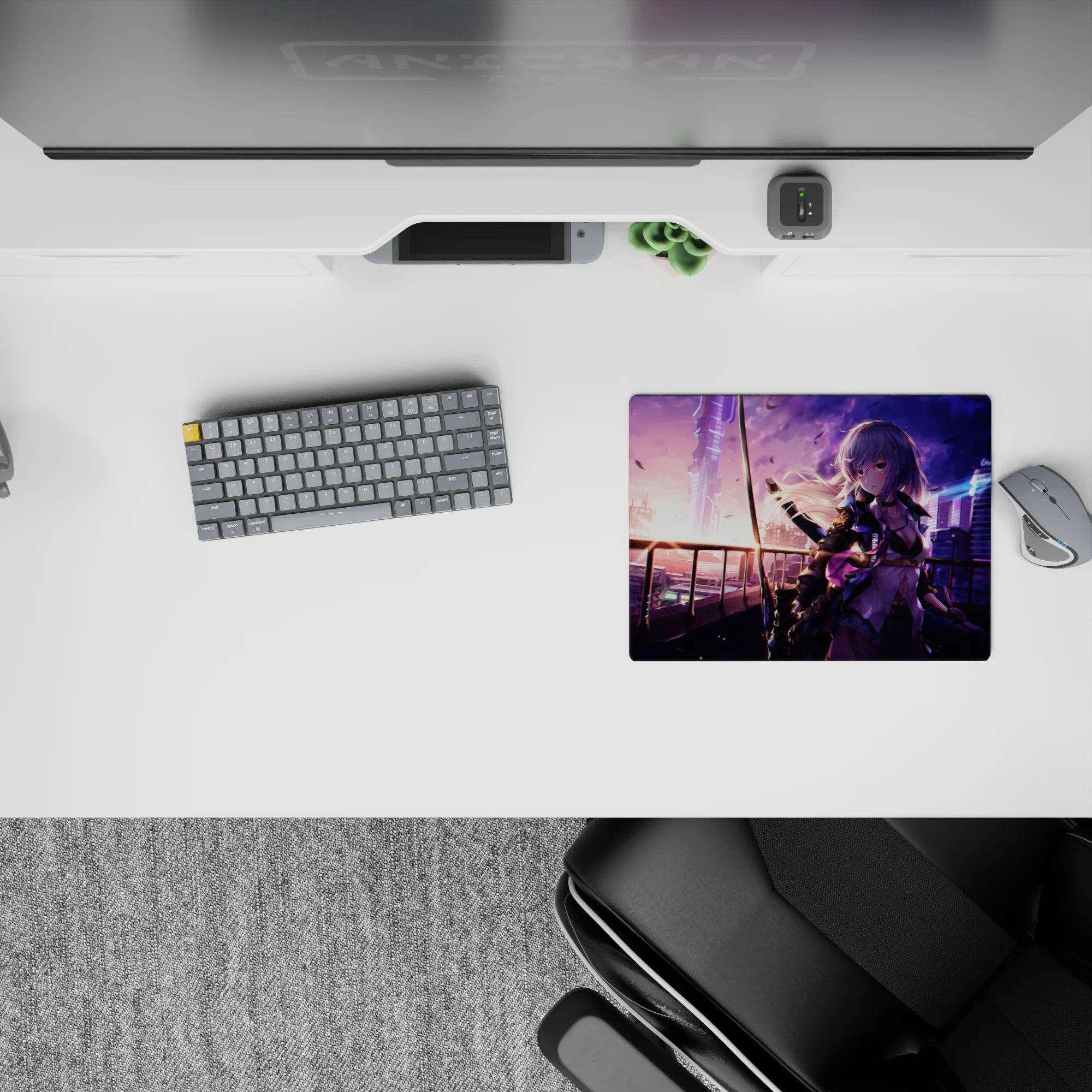 Violet-and-pink neon dusk anime mouse pad 14x10 inches with soft dramatic glow for late-night gaming.