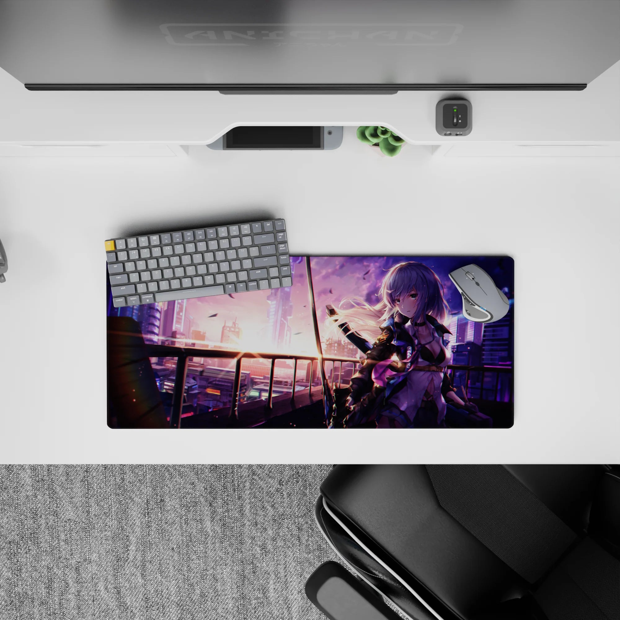 Violet and pink neon dusk anime mouse pad 28x12 inches, calm late-night gaming vibe with soft drama.