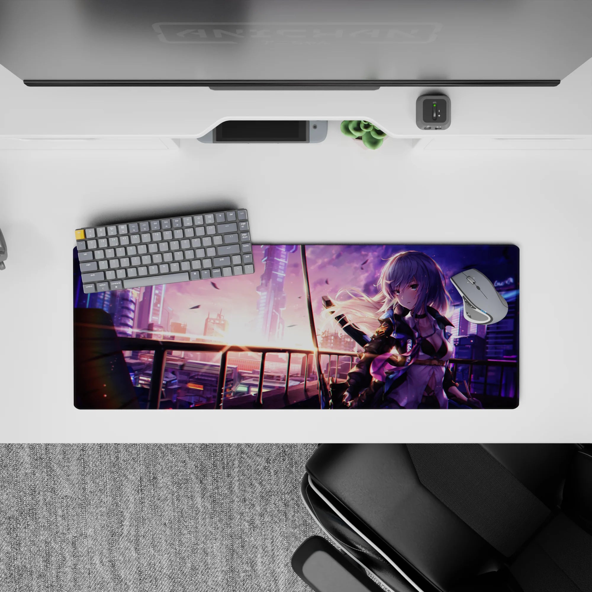 32x12 inches anime girl desk pad in violet and pink neon glow, soft dramatic late-night cyber mood.