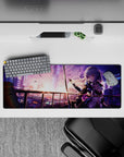 32x12 inches anime girl desk pad in violet and pink neon glow, soft dramatic late-night cyber mood.