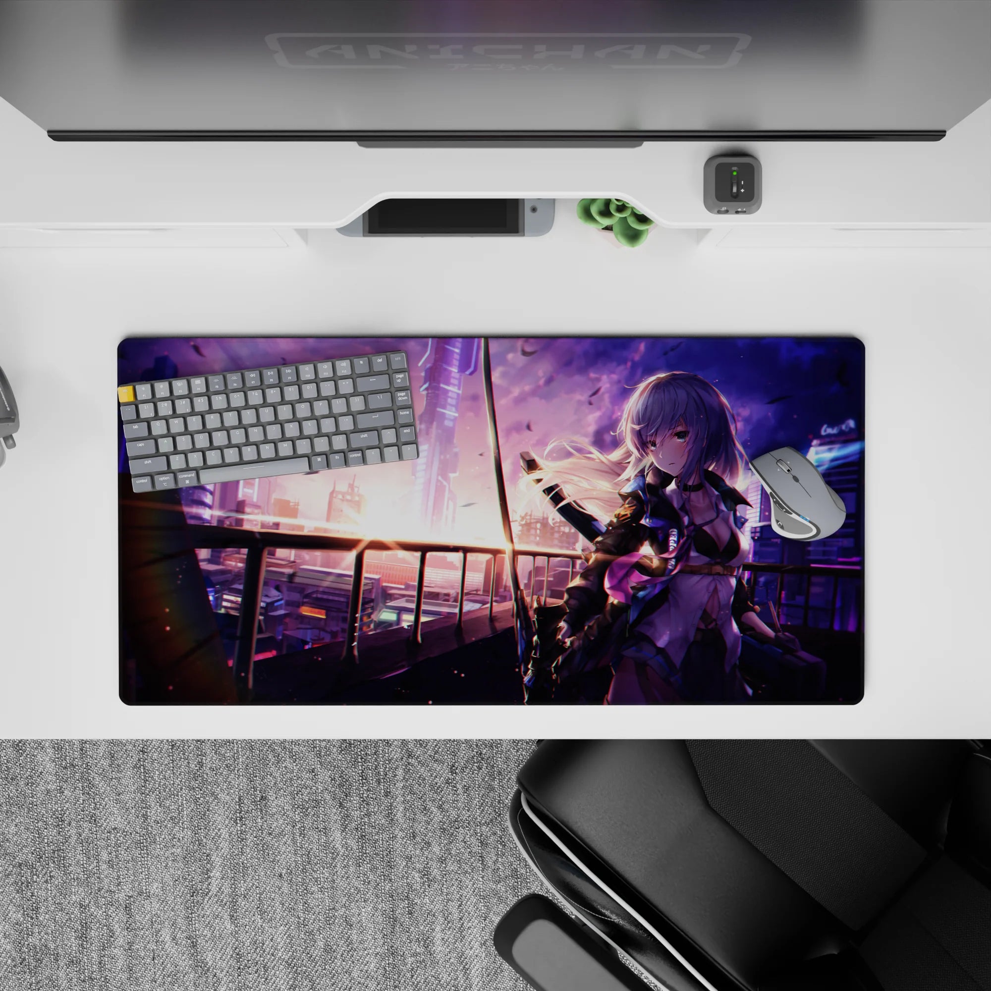 32x16 inches desk mat in violet and pink neon dusk, soft cyberpunk glow for late-night gaming.